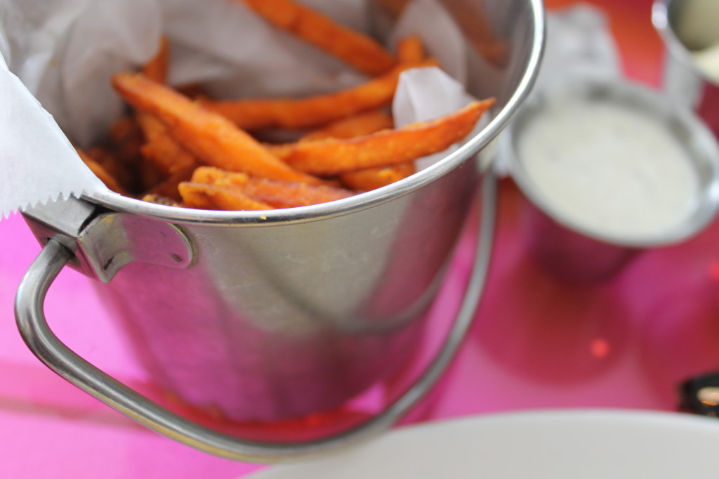 sweet potato french fries silver bucket pink lucite table big pink miami beach _ glitterinc.com