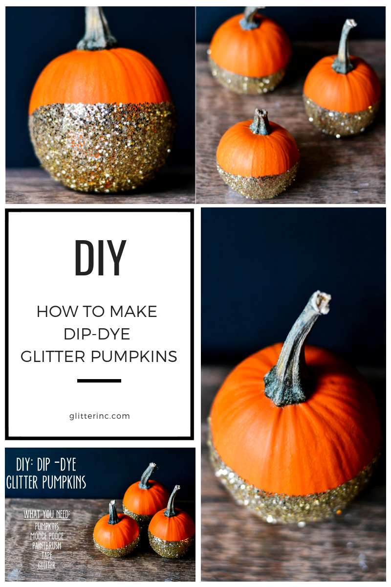 How to make your very own sparkly DIY dip-dye glitter pumpkins for halloween, Thanksgiving, and all of your favorite fall festivities! #glitterpumpkins #diypumpkins #dipdyepumpkins #decoratedpumpkins #sparklypumpkins Click through for the details. | glitterinc.com | @glitterinc