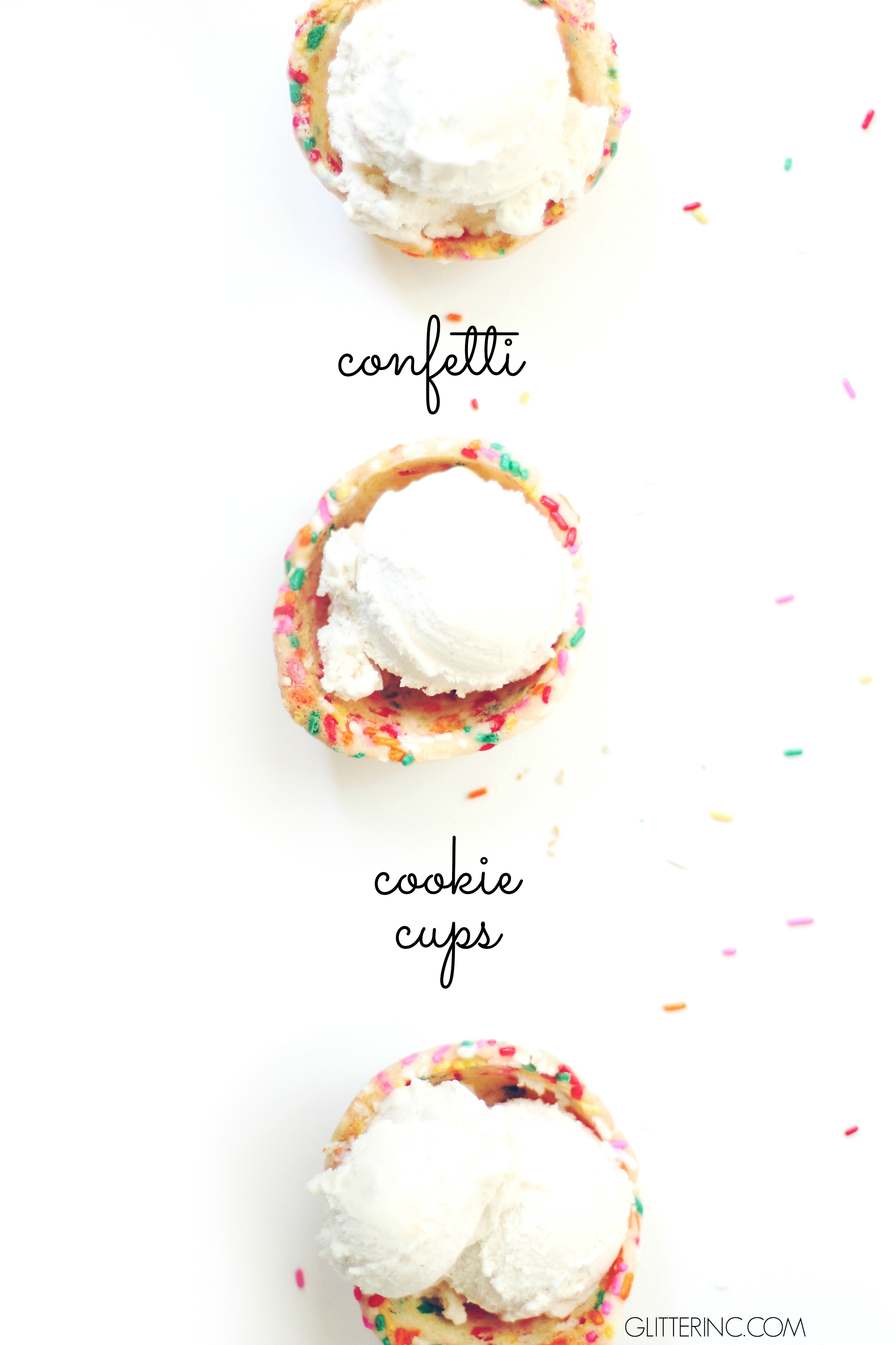 How to make the sweetest confetti cookie cup ice cream sundaes. Click through for the recipe. | glitterinc.com | @glitterinc
