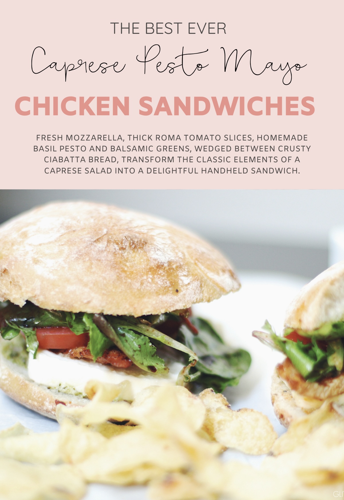 These Caprese Chicken Sandwiches are crisp, filling, and full of bright flavors. Creamy mozzarella, thick Roma tomato slices, homemade basil pesto, and balsamic greens, wedged between crusty ciabatta bread, transform the classic elements of a Caprese salad into a delightful handheld, hardy sandwich. | @glitterinclexi | GLITTERINC.COM