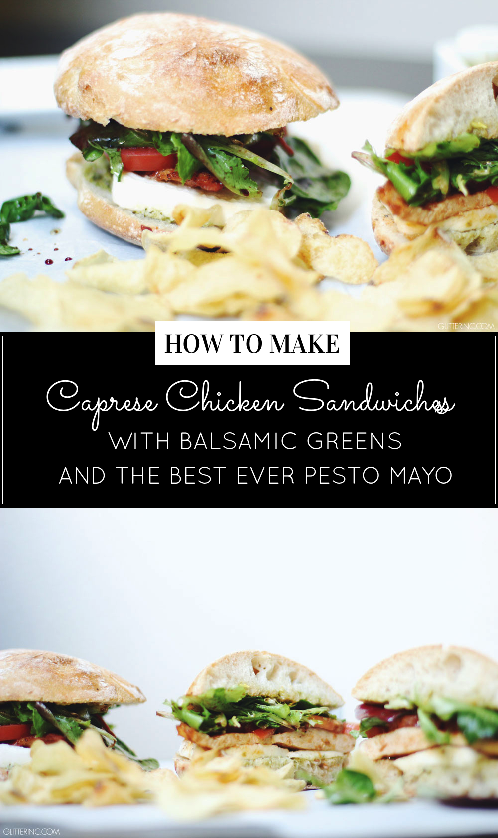 How to make caprese chicken sandwiches on crunchy ciabatta bread with balsamic greens and the best ever pesto mayo. Click through for the recipe. | glitterinc.com | @glitterinc