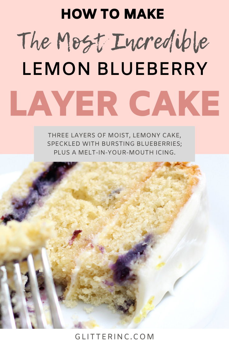 Say hello to the most amazing Lemon Blueberry Layer Cake. Three layers of moist, lemony cake, speckled with bursting blueberries; filled and topped with a melt-in-your-mouth icing. This is a ridiculously decadent cake that tastes light and sweet all at the same time. Click through for the recipe. | glitterinc.com | @glitterinc