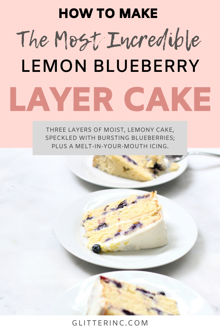 Say hello to the most amazing Lemon Blueberry Layer Cake. Three layers of moist, lemony cake, speckled with bursting blueberries; filled and topped with a melt-in-your-mouth icing. This is a ridiculously decadent cake that tastes light and sweet all at the same time. Click through for the recipe. | glitterinc.com | @glitterinc