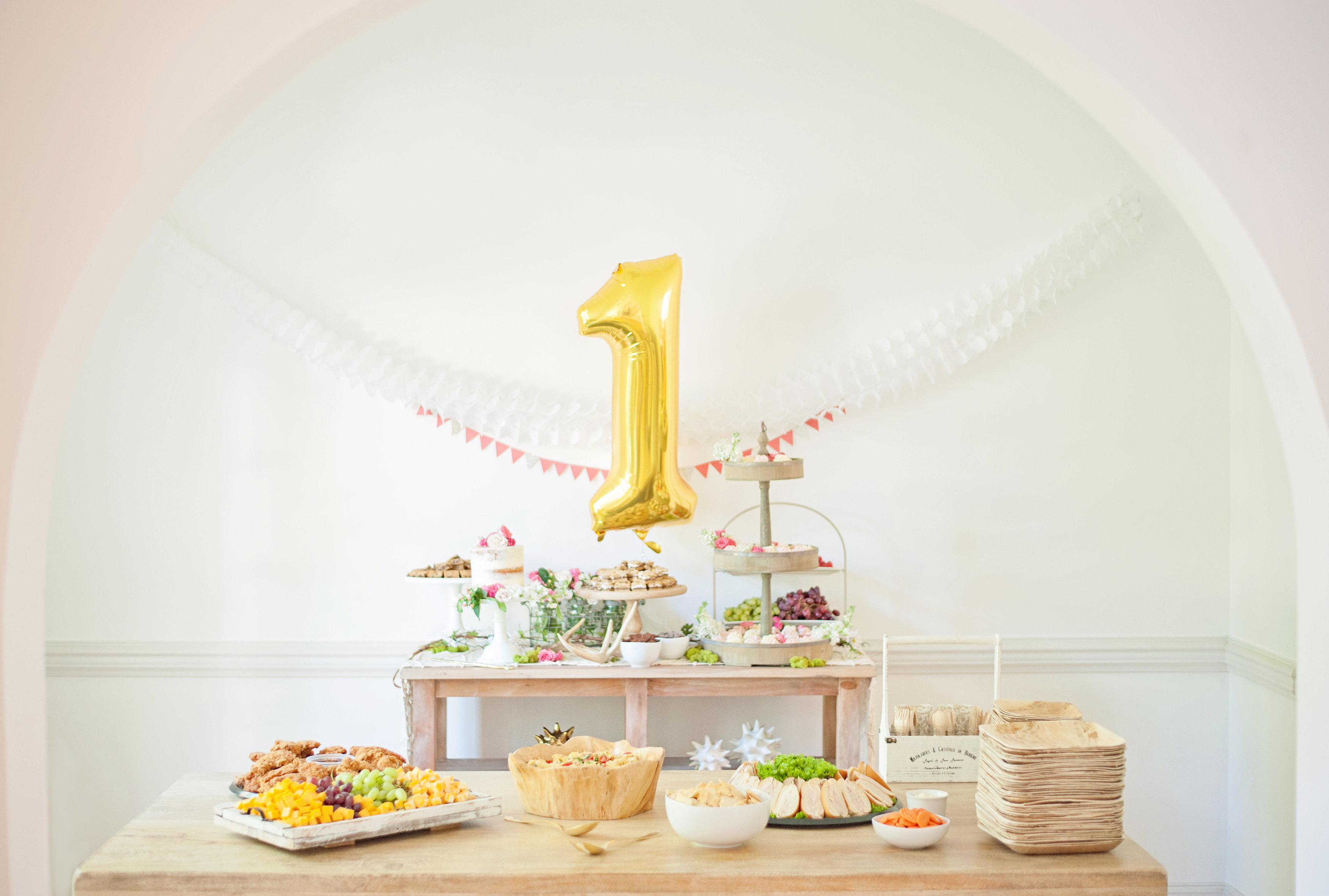 First Birthday Bohemian Backyard Party - food and dessert table