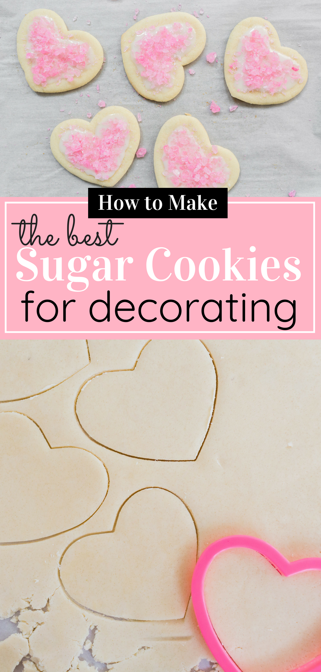 The Best Sugar Cookies for Decorating; i.e., they hold up to decorations like frosting and sprinkles (Psst ... these adorable cookies are covered in pink rock candy!) and taste great! Click through for the recipe. #sugarcookies #sugarcookiesfordecorating #decoratingcookies #decoratedsugarcookies | glitterinc.com | @glitterinc