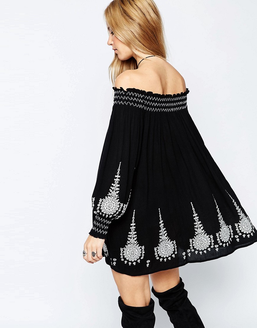 8 Unique Off-the-Shoulder Dresses, including this ASOS Premium Off Shoulder Swing Dress with Embroidery