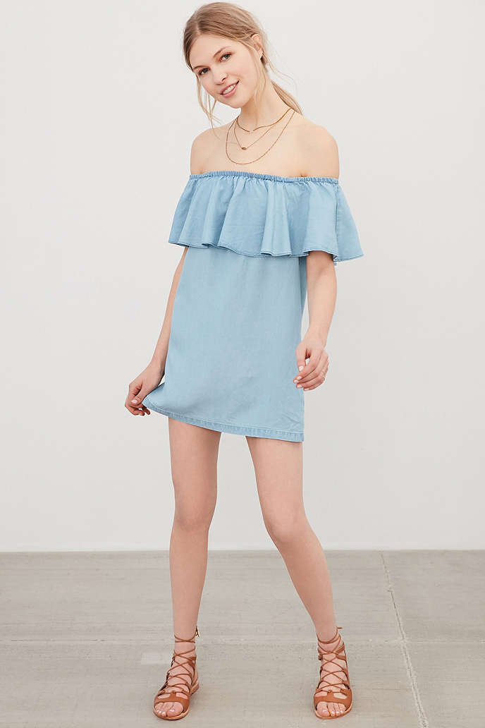 8 Unique Off-the-Shoulder Dresses, including this Cooperative Penny Chambray Off-The-Shoulder Mini Dress