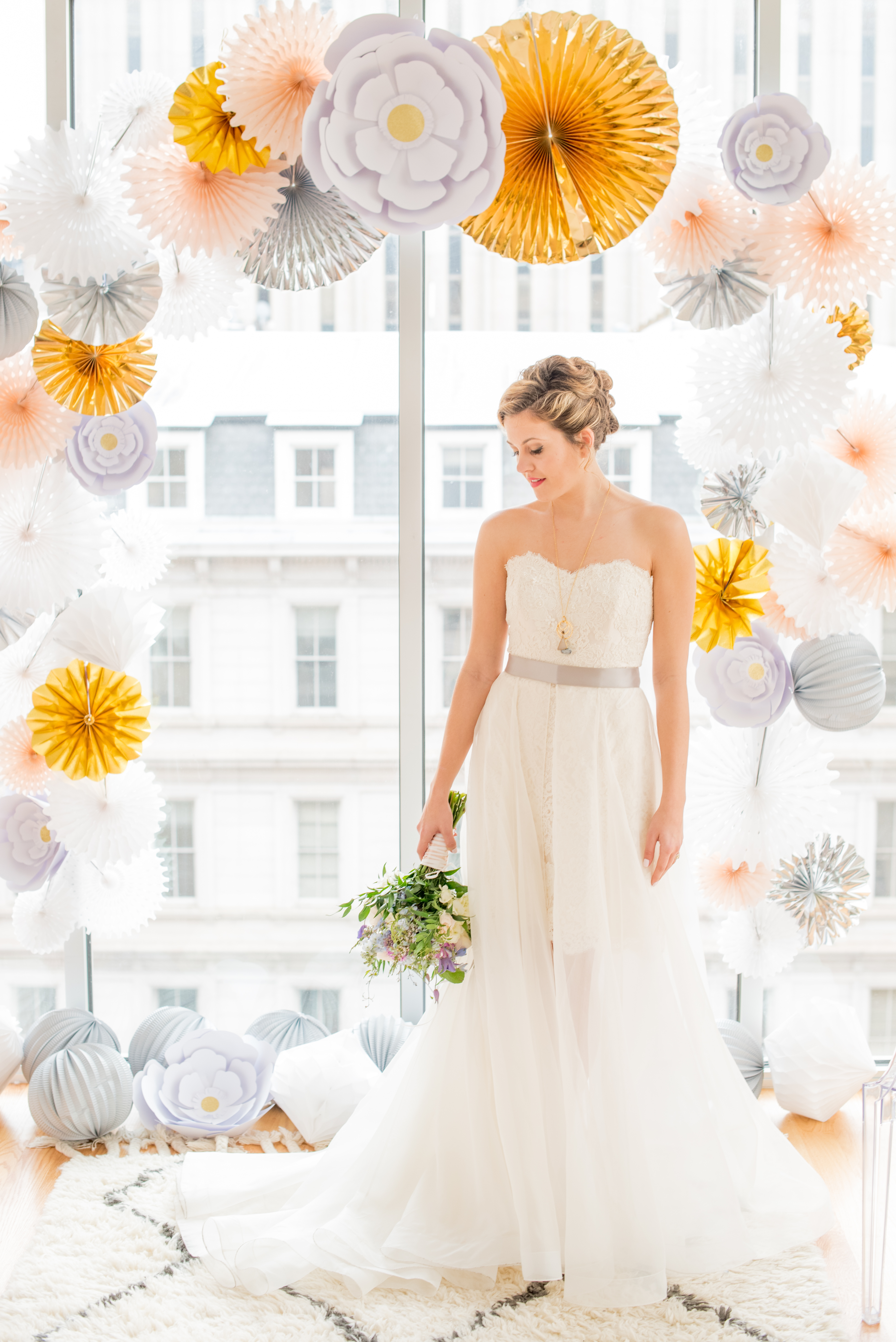 Behind-the-Scenes of a DIY Paper-Crafted Styled Wedding Shoot in The Year's Pantone Colors, Serenity and Rose Quartz, at the Glassbox in Downtown Raleigh North Carolina