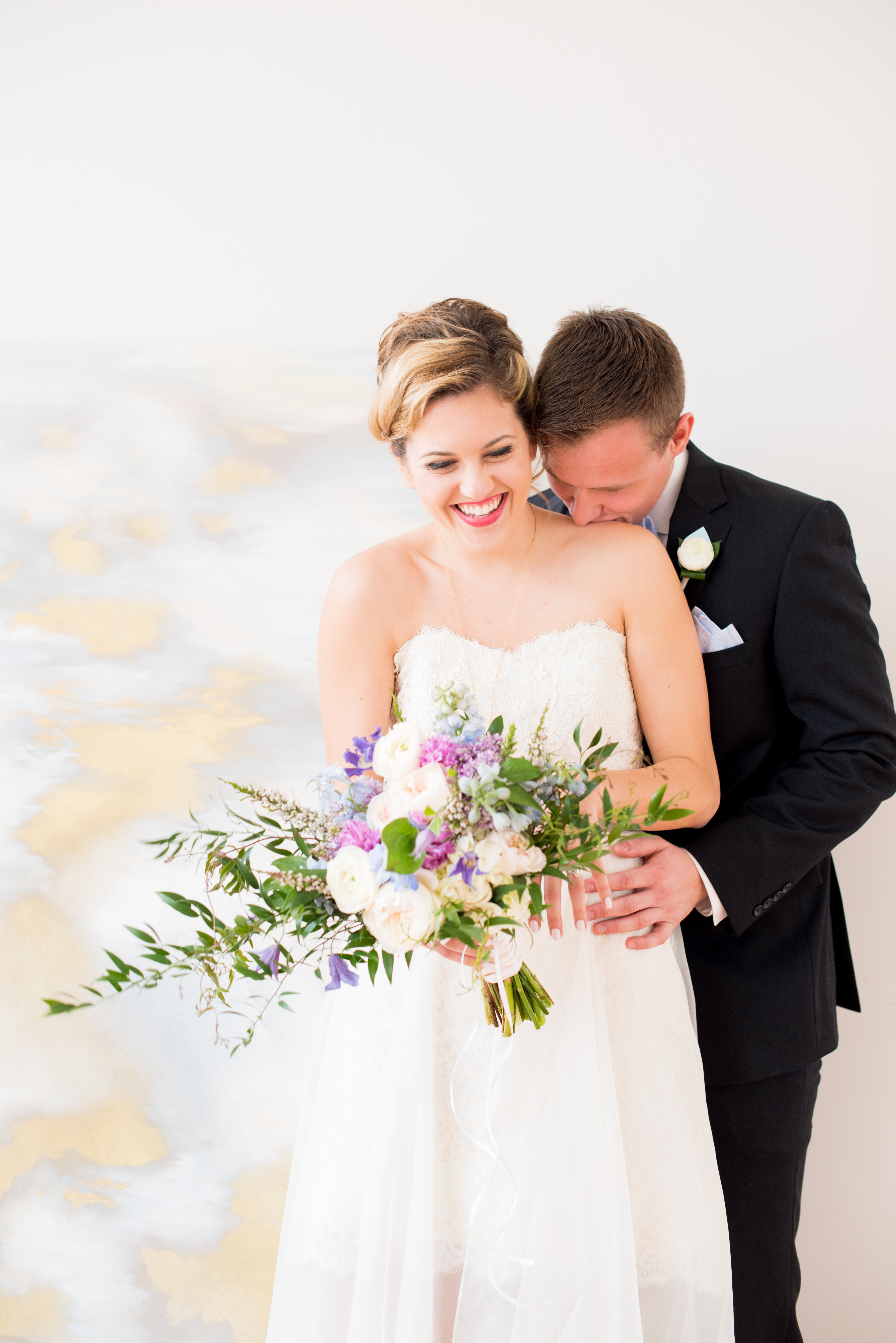 Behind-the-Scenes of a DIY Paper-Crafted Styled Wedding Shoot in The Year's Pantone Colors, Serenity and Rose Quartz, at the Glassbox in Downtown Raleigh North Carolina