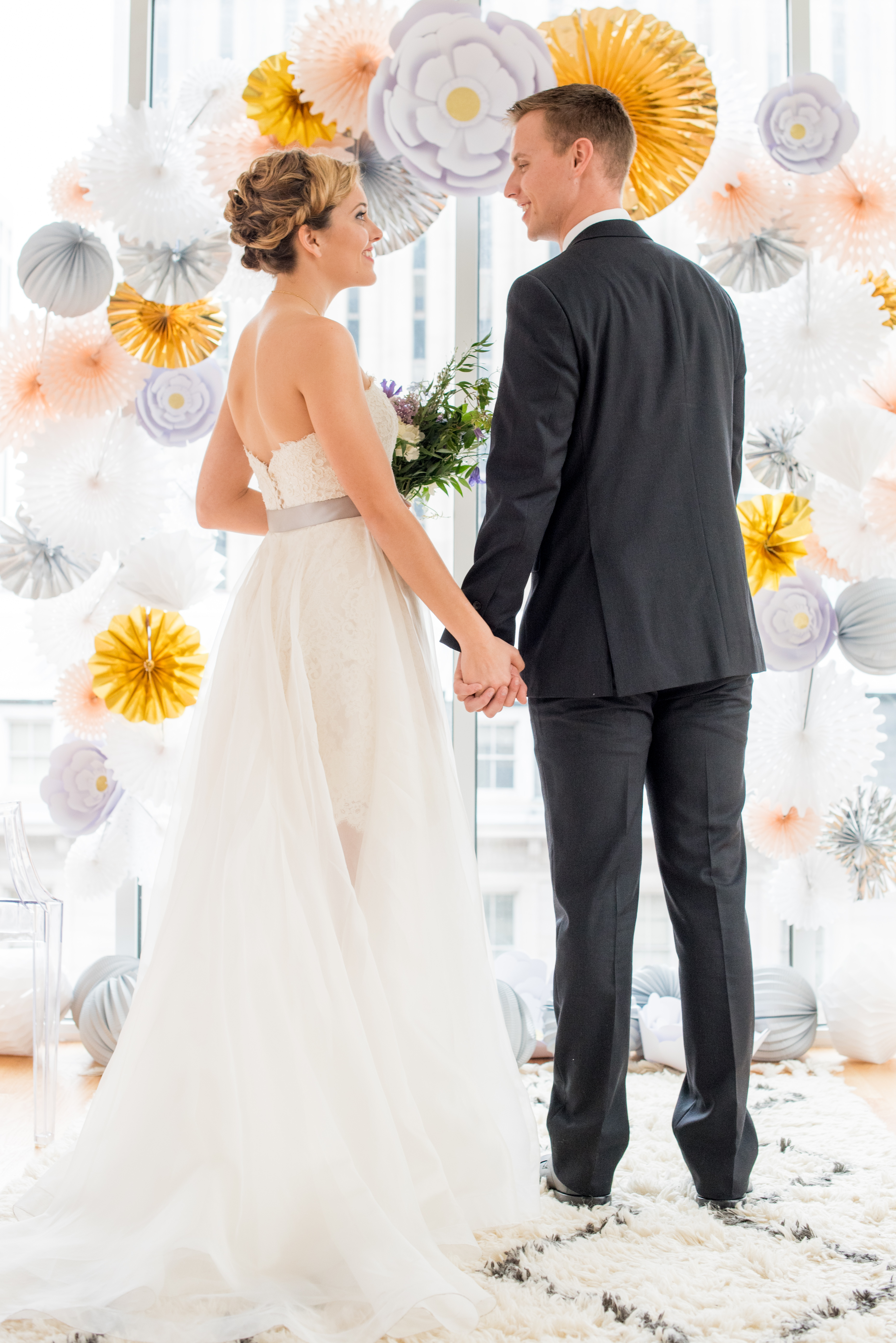 Behind-the-Scenes of a DIY Paper-Crafted Styled Wedding Shoot in The Year's Pantone Colors, Serenity and Rose Quartz, at the Glassbox in Downtown Raleigh North Carolina