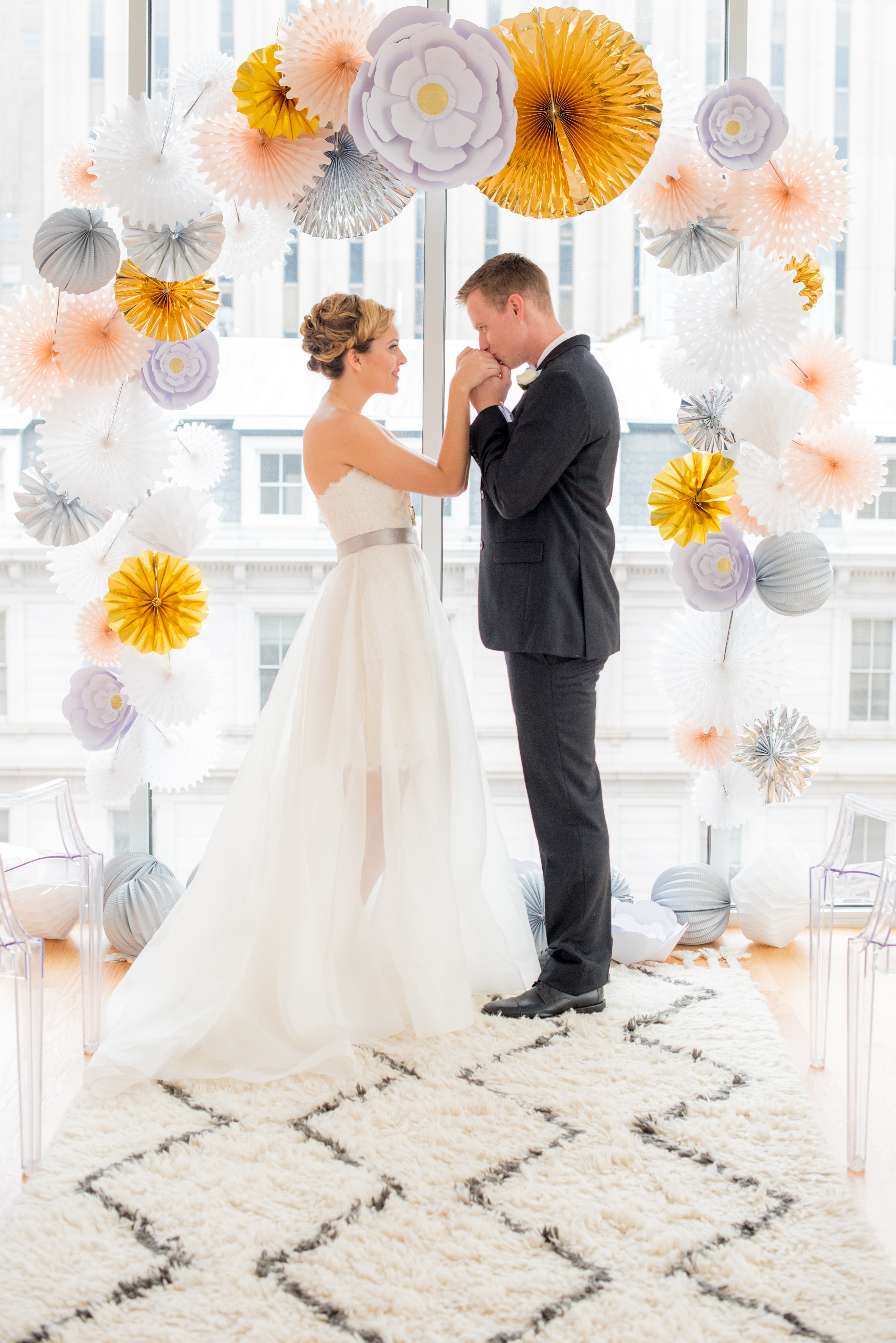 Behind-the-Scenes of a DIY Paper-Crafted Styled Wedding Shoot in The Year's Pantone Colors, Serenity and Rose Quartz, at the Glassbox in Downtown Raleigh North Carolina