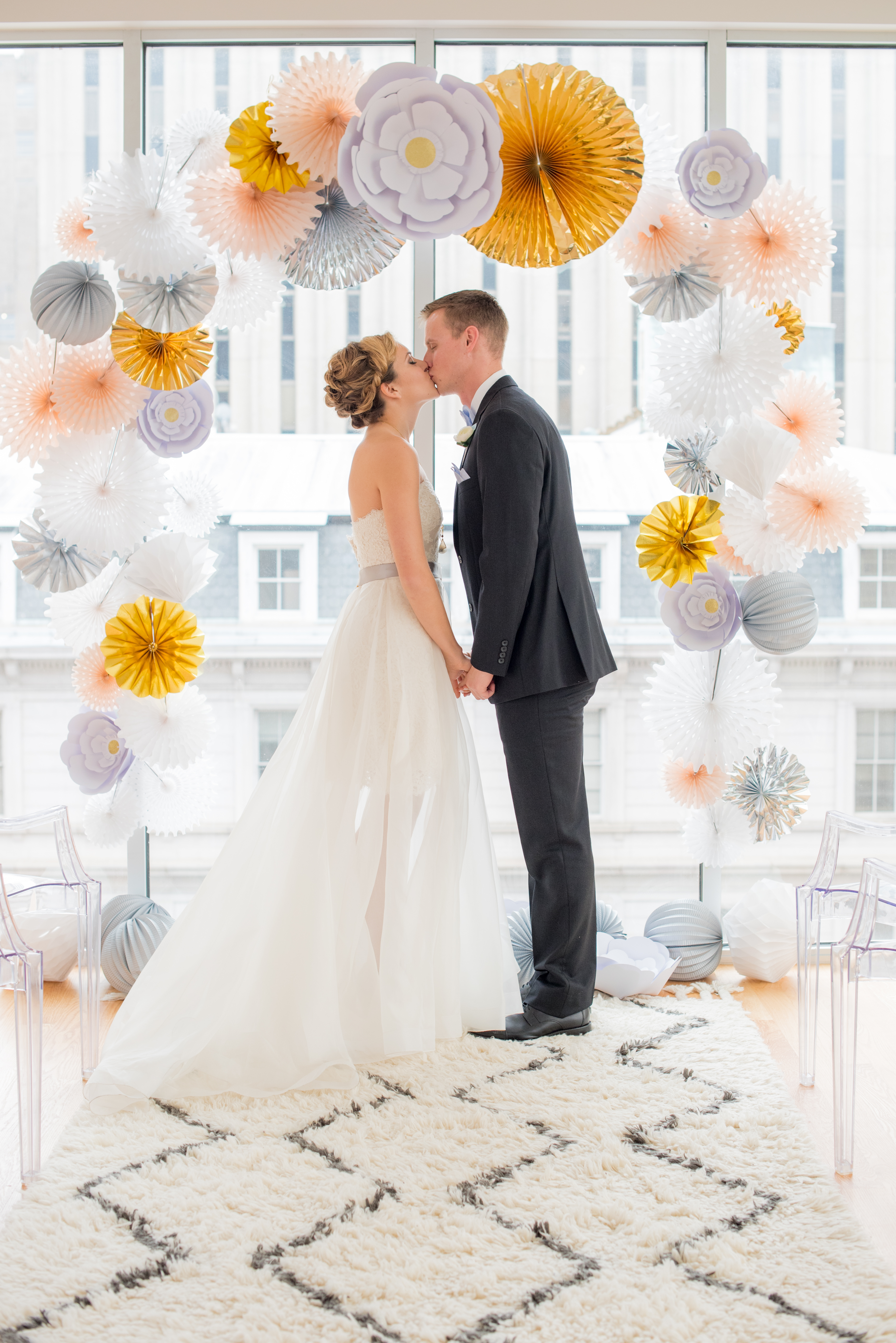 Behind-the-Scenes of a DIY Paper-Crafted Styled Wedding Shoot in The Year's Pantone Colors, Serenity and Rose Quartz, at the Glassbox in Downtown Raleigh North Carolina