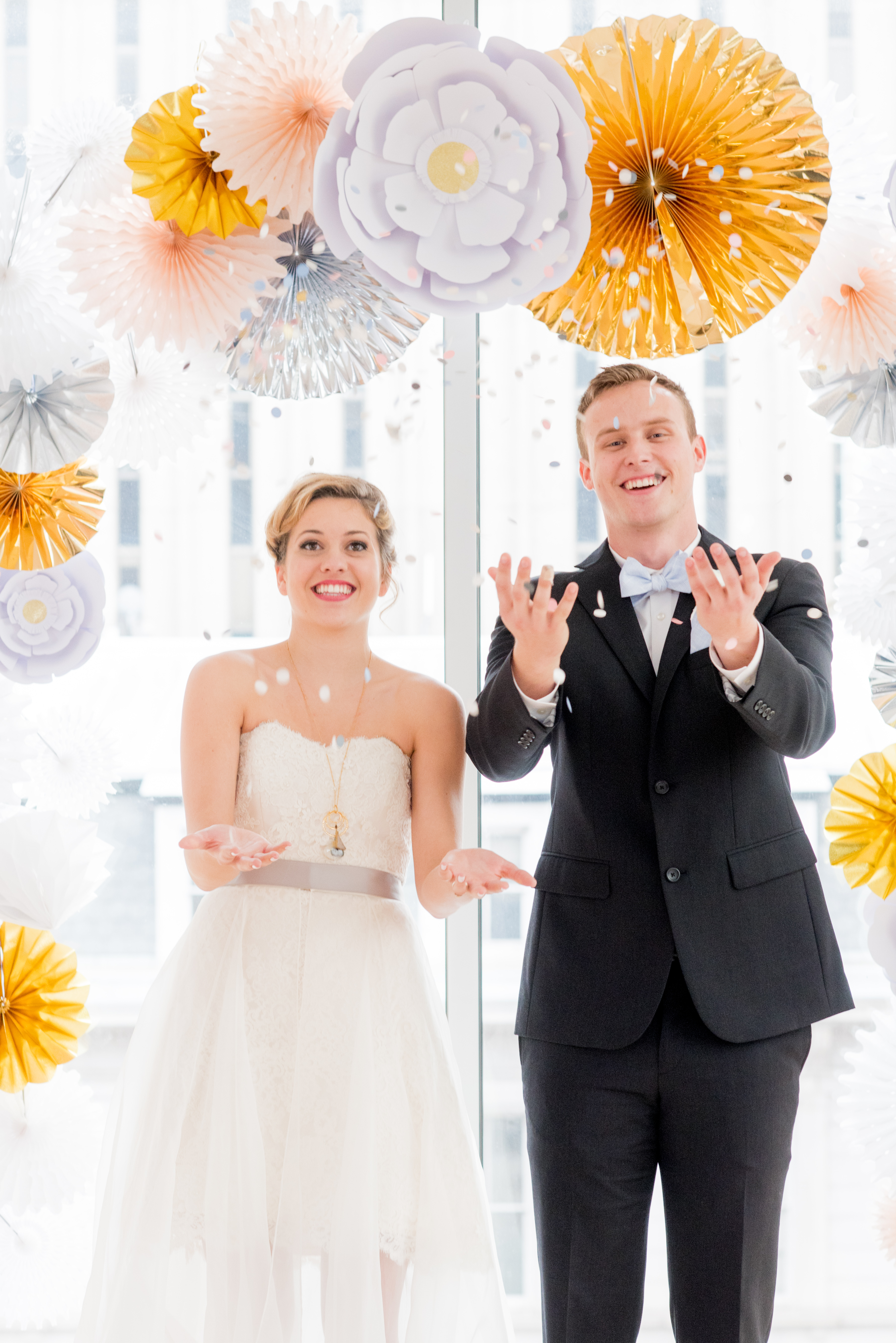 Behind-the-Scenes of a DIY Paper-Crafted Styled Wedding Shoot in The Year's Pantone Colors, Serenity and Rose Quartz, at the Glassbox in Downtown Raleigh North Carolina