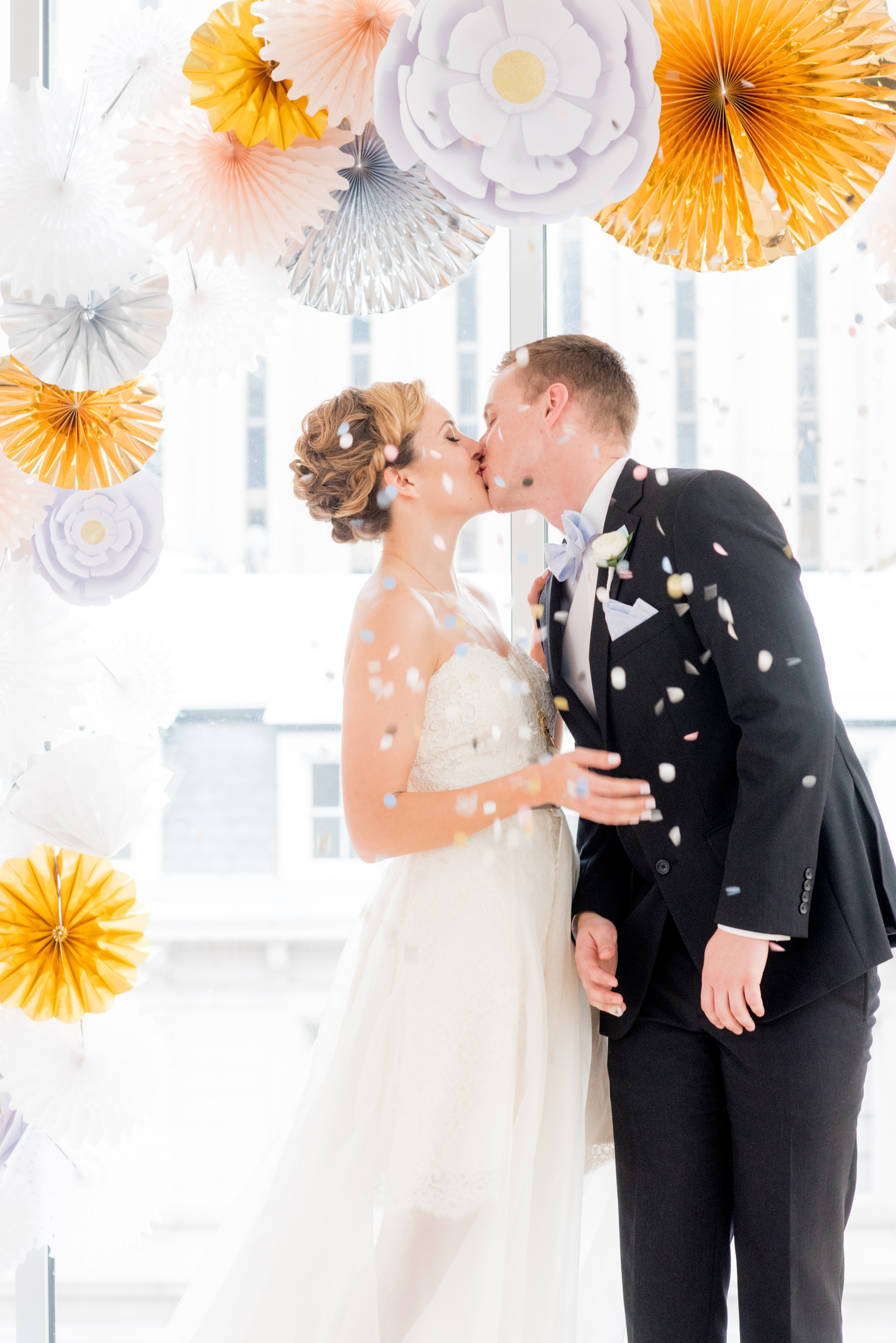 Behind-the-Scenes of a DIY Paper-Crafted Styled Wedding Shoot in The Year's Pantone Colors, Serenity and Rose Quartz, at the Glassbox in Downtown Raleigh North Carolina