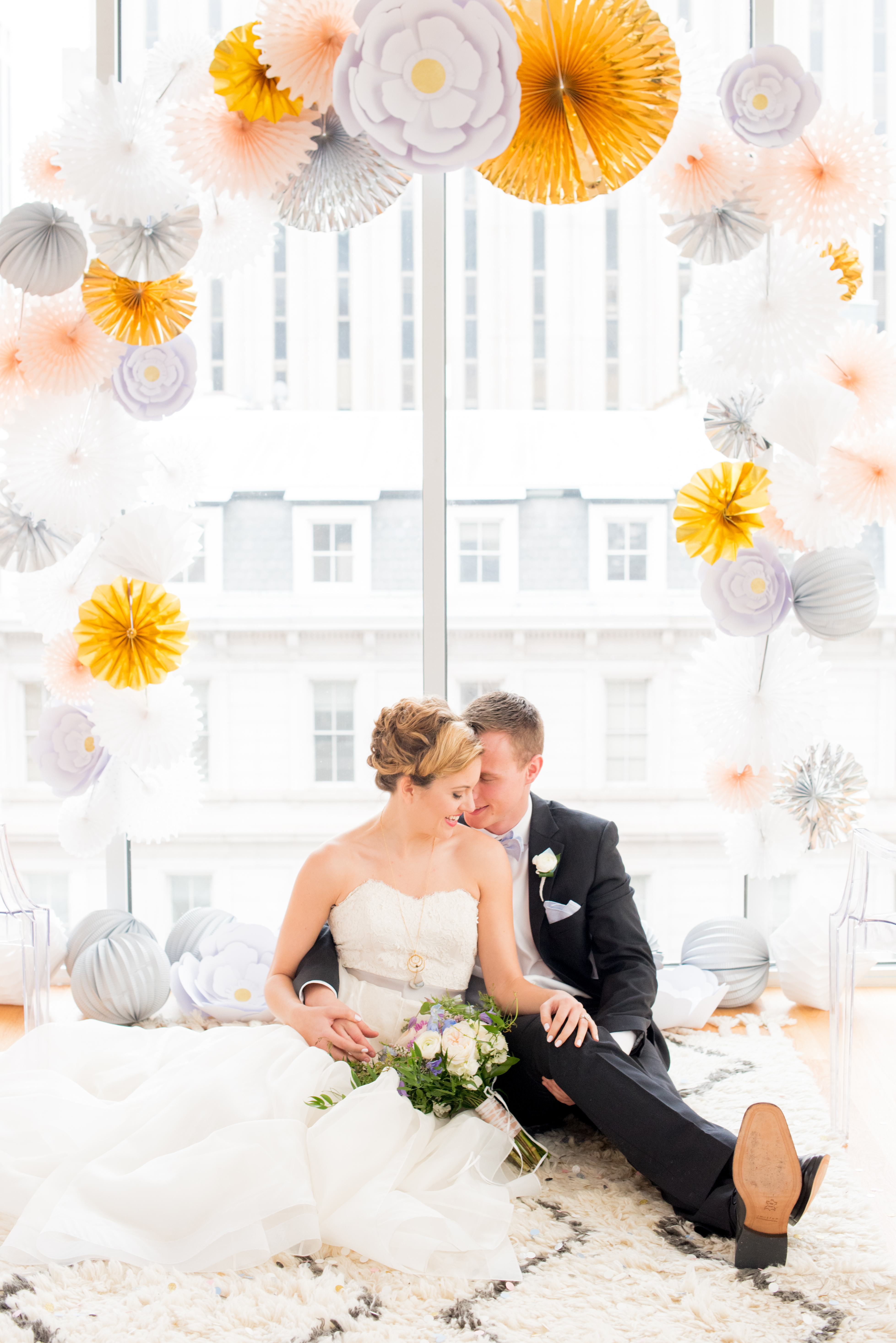 Behind-the-Scenes of a DIY Paper-Crafted Styled Wedding Shoot in The Year's Pantone Colors, Serenity and Rose Quartz, at the Glassbox in Downtown Raleigh North Carolina