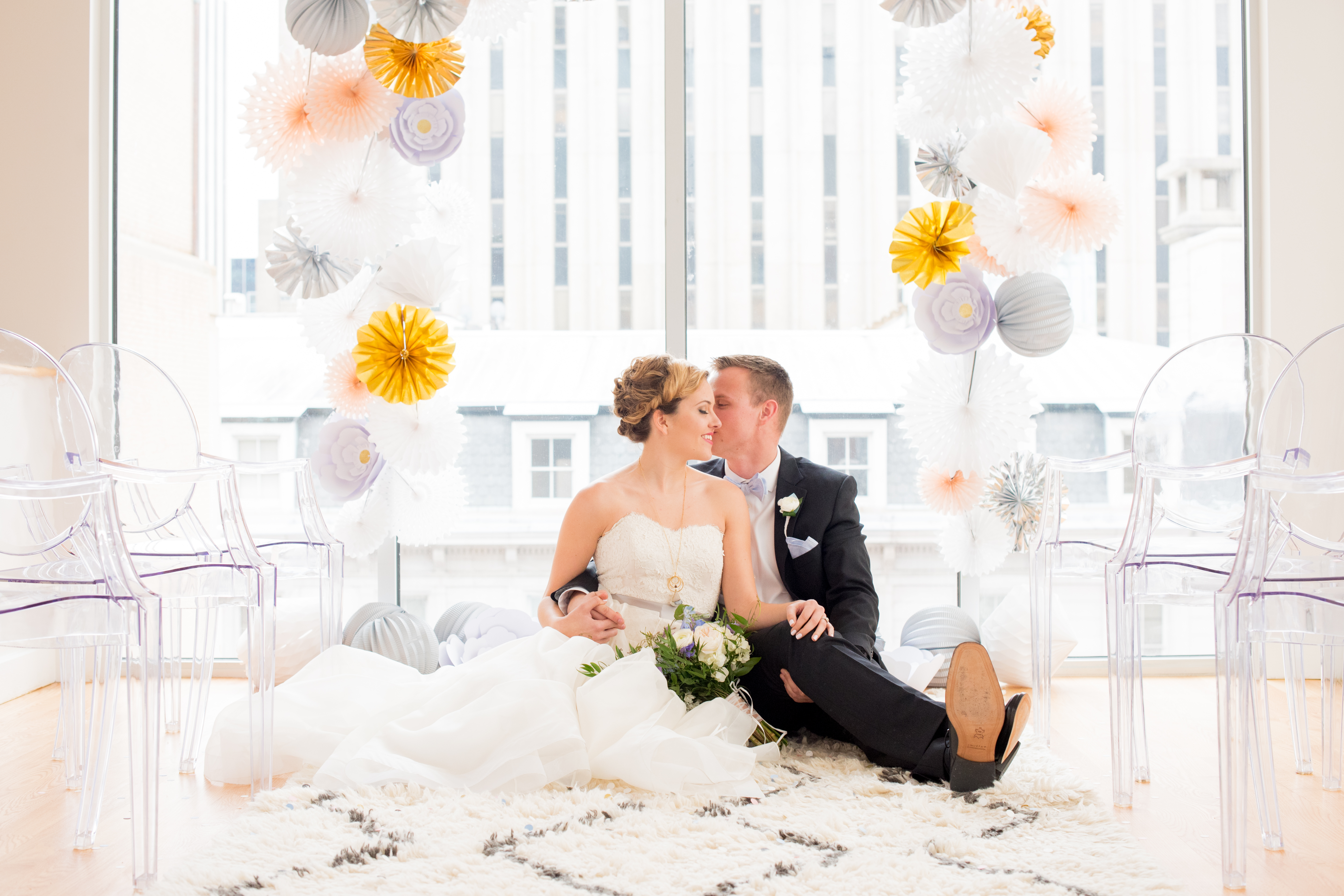 Behind-the-Scenes of a DIY Paper-Crafted Styled Wedding Shoot in The Year's Pantone Colors, Serenity and Rose Quartz, at the Glassbox in Downtown Raleigh North Carolina