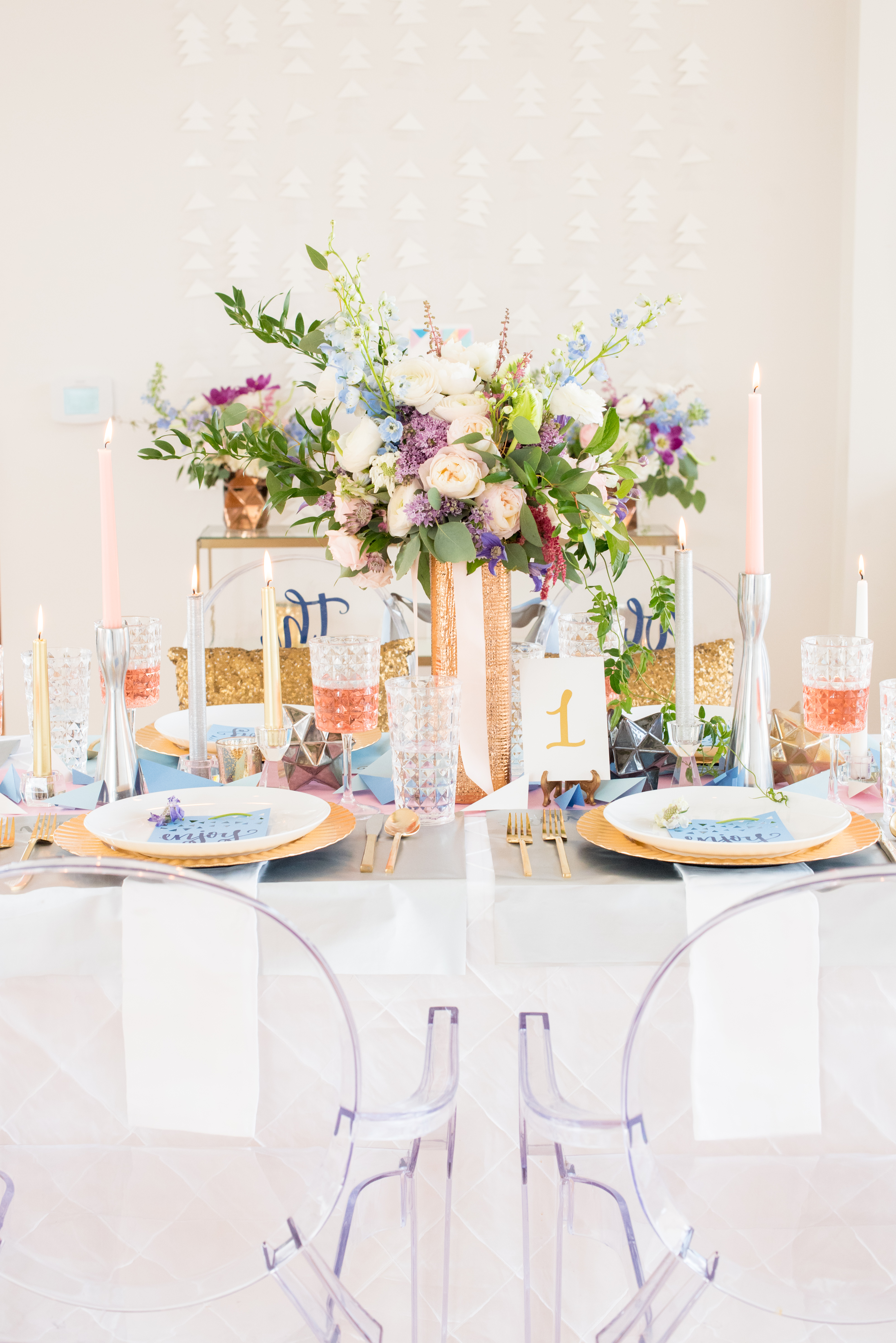 Behind-the-Scenes of a DIY Paper-Crafted Styled Wedding Shoot in The Year's Pantone Colors, Serenity and Rose Quartz, at the Glassbox in Downtown Raleigh North Carolina