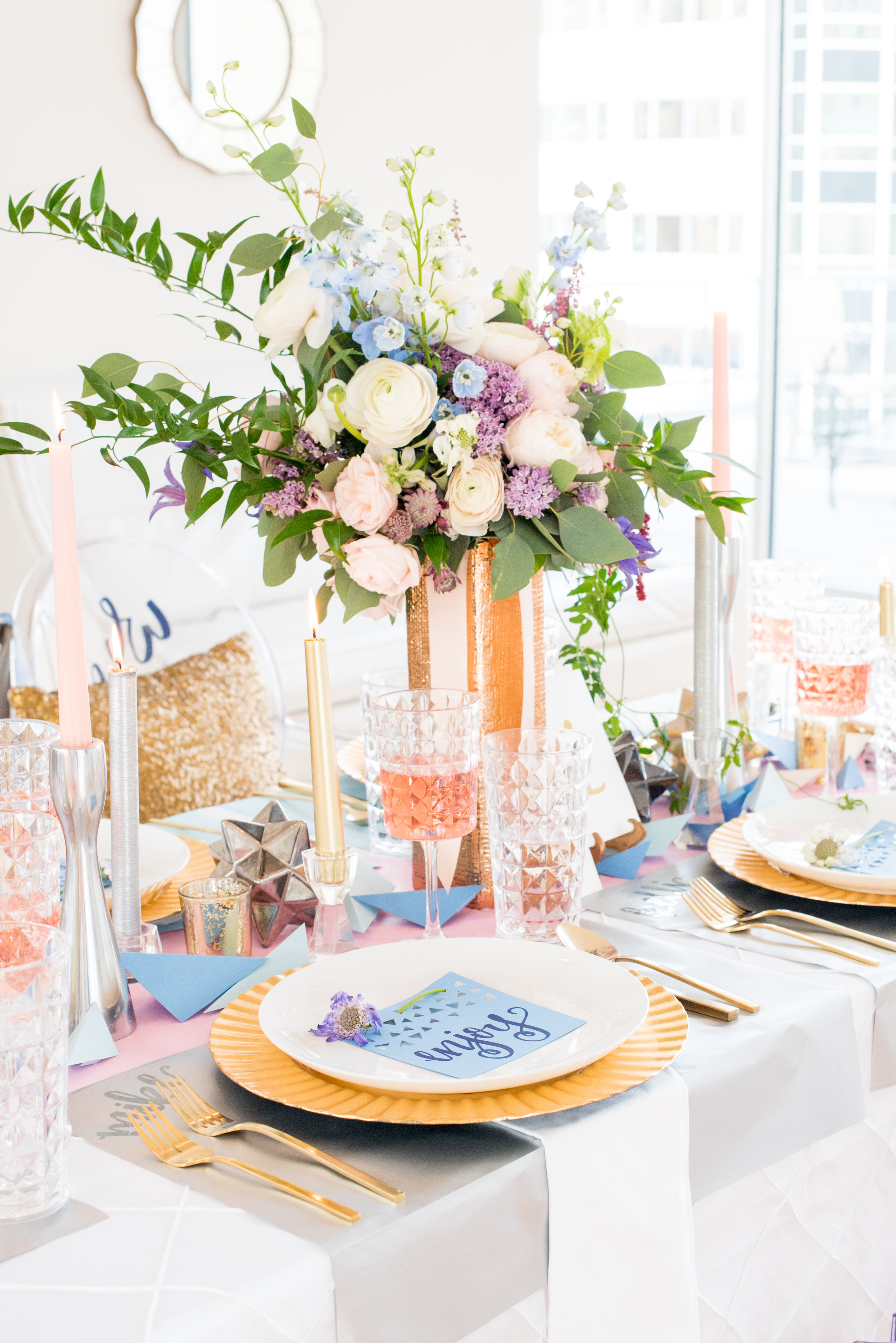 Behind-the-Scenes of a DIY Paper-Crafted Styled Wedding Shoot in The Year's Pantone Colors, Serenity and Rose Quartz, at the Glassbox in Downtown Raleigh North Carolina