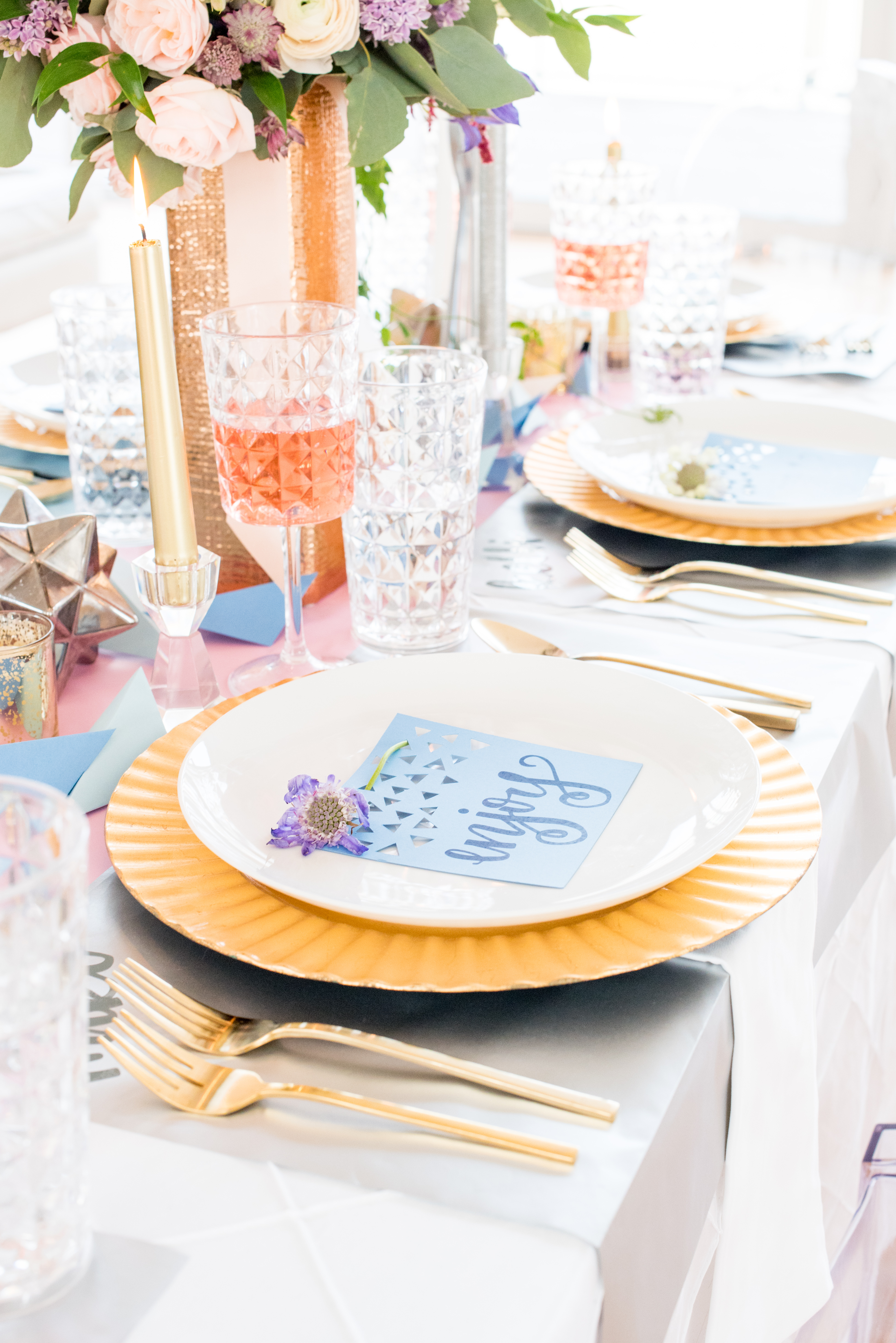 Behind-the-Scenes of a DIY Paper-Crafted Styled Wedding Shoot in The Year's Pantone Colors, Serenity and Rose Quartz, at the Glassbox in Downtown Raleigh North Carolina