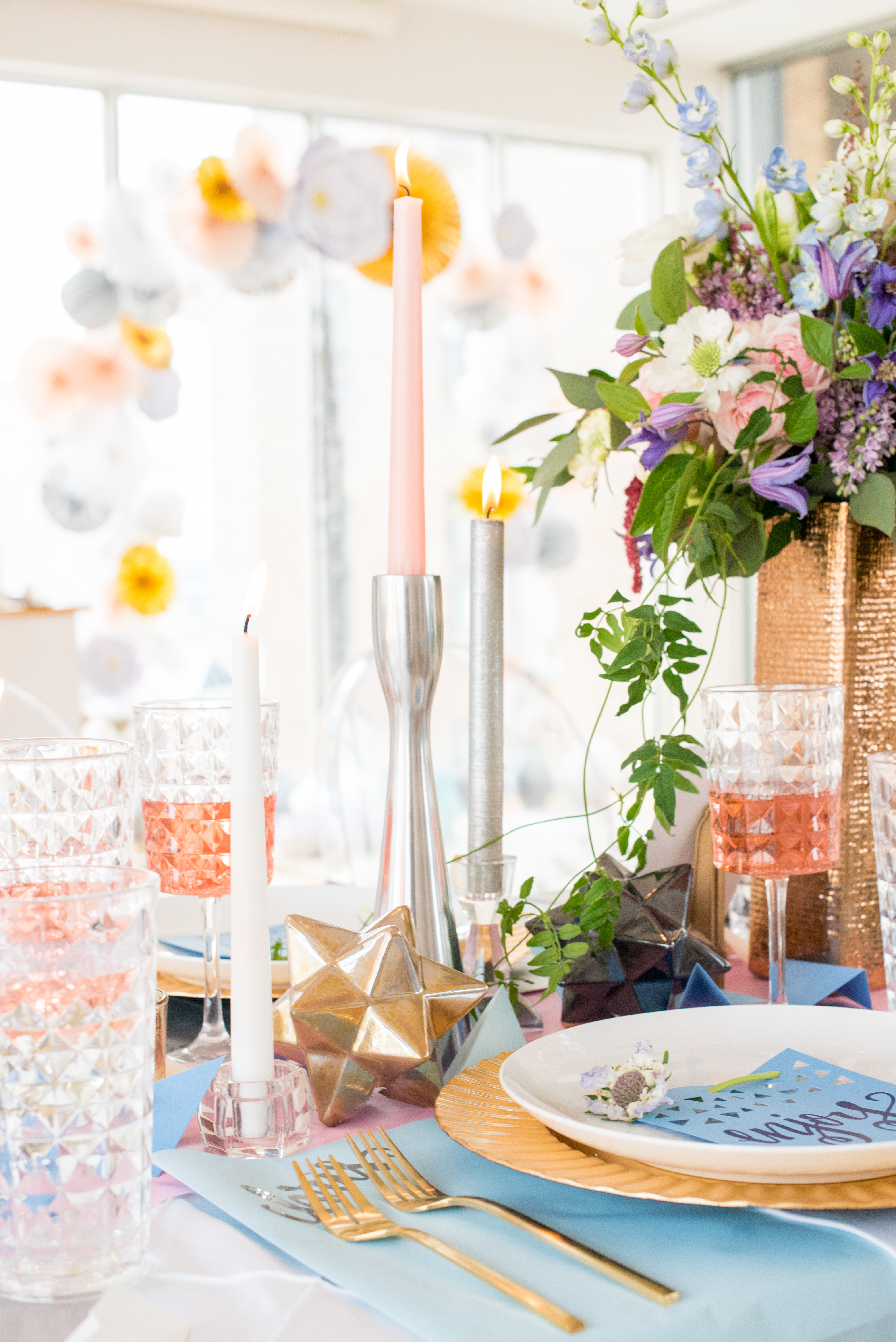 Behind-the-Scenes of a DIY Paper-Crafted Styled Wedding Shoot in The Year's Pantone Colors, Serenity and Rose Quartz, at the Glassbox in Downtown Raleigh North Carolina