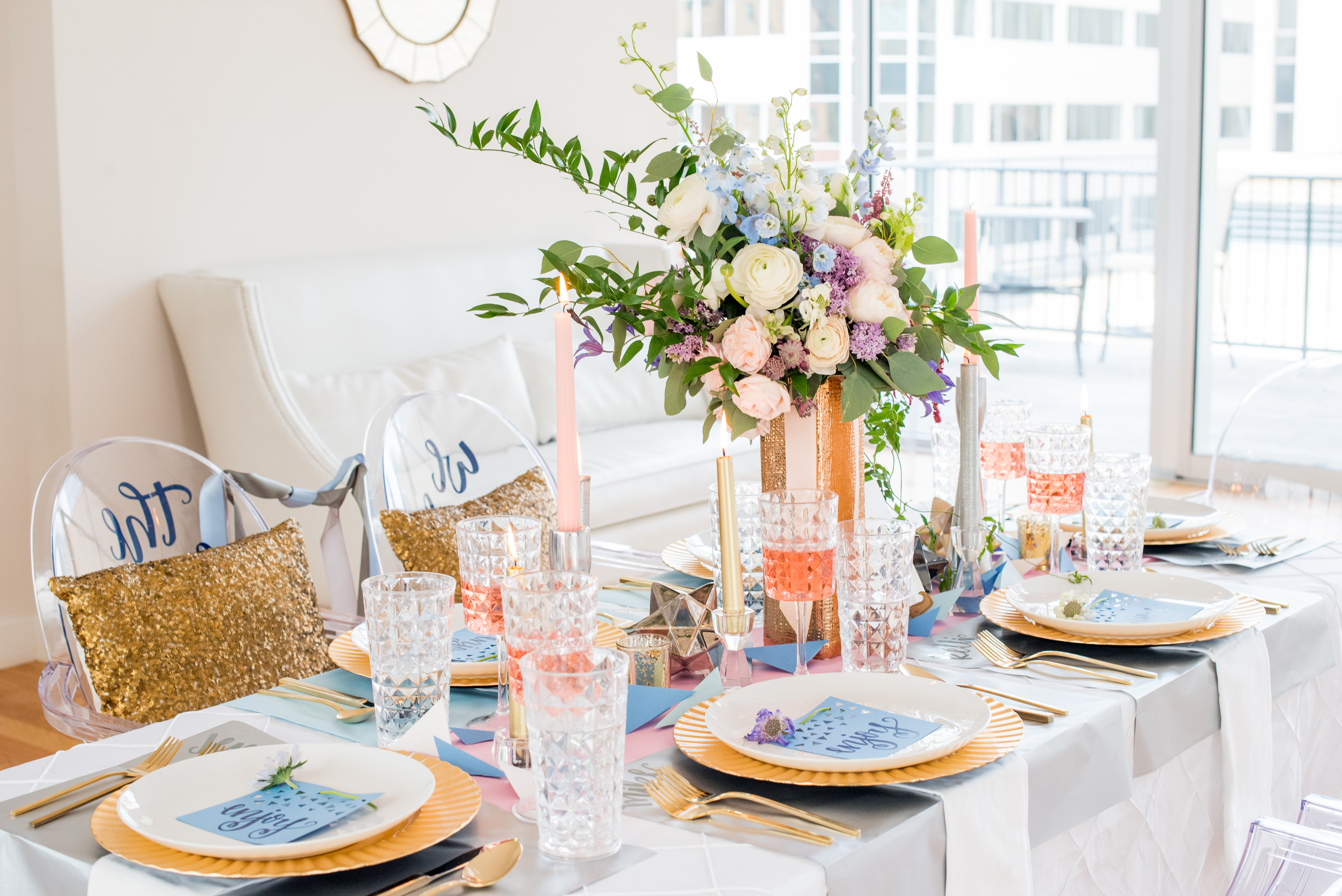 Behind-the-Scenes of a DIY Paper-Crafted Styled Wedding Shoot in The Year's Pantone Colors, Serenity and Rose Quartz, at the Glassbox in Downtown Raleigh North Carolina