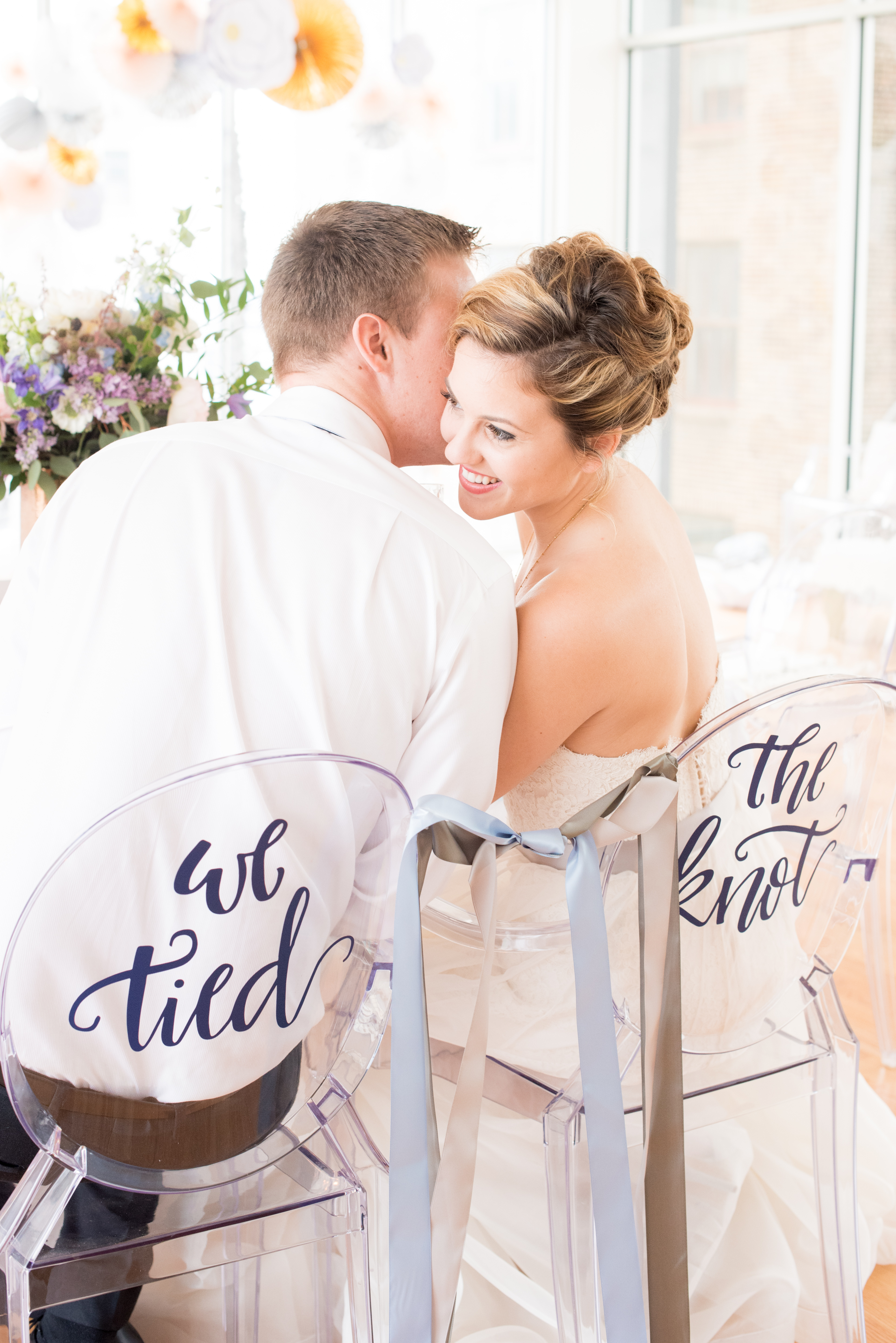 Behind-the-Scenes of a DIY Paper-Crafted Styled Wedding Shoot in The Year's Pantone Colors, Serenity and Rose Quartz, at the Glassbox in Downtown Raleigh North Carolina