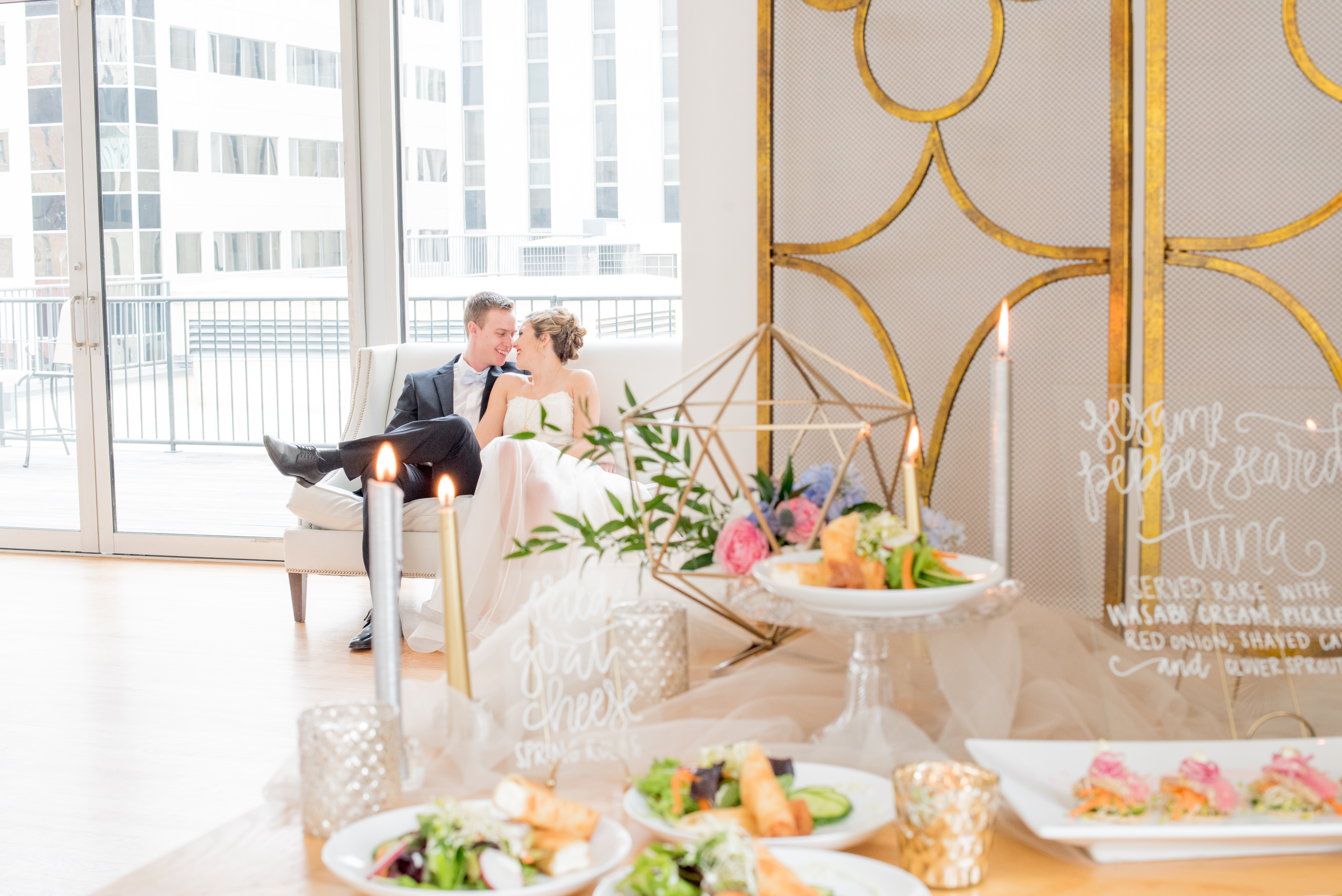 Behind-the-Scenes of a DIY Paper-Crafted Styled Wedding Shoot in The Year's Pantone Colors, Serenity and Rose Quartz, at the Glassbox in Downtown Raleigh North Carolina