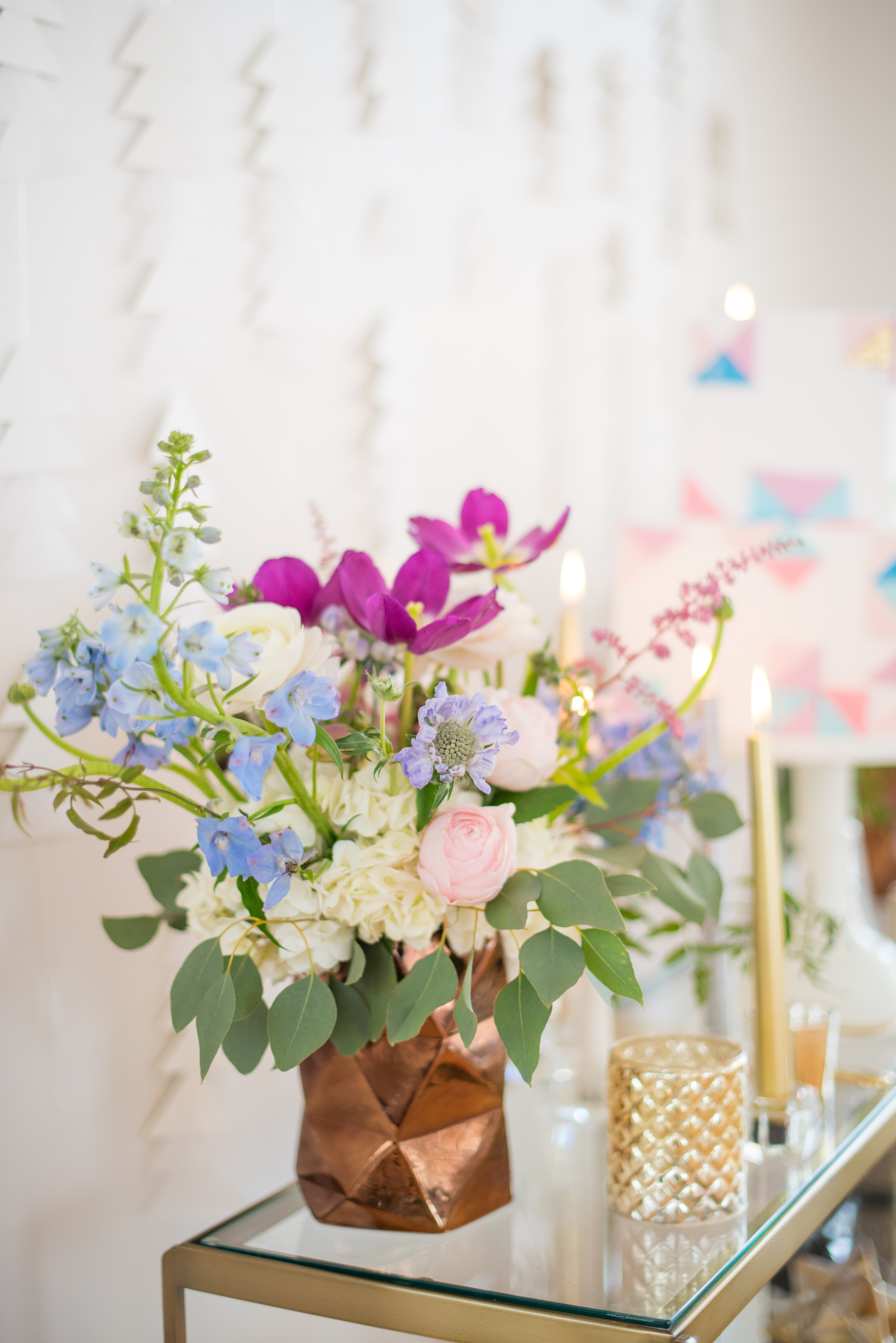 Behind-the-Scenes of a DIY Paper-Crafted Styled Wedding Shoot in The Year's Pantone Colors, Serenity and Rose Quartz, at the Glassbox in Downtown Raleigh North Carolina