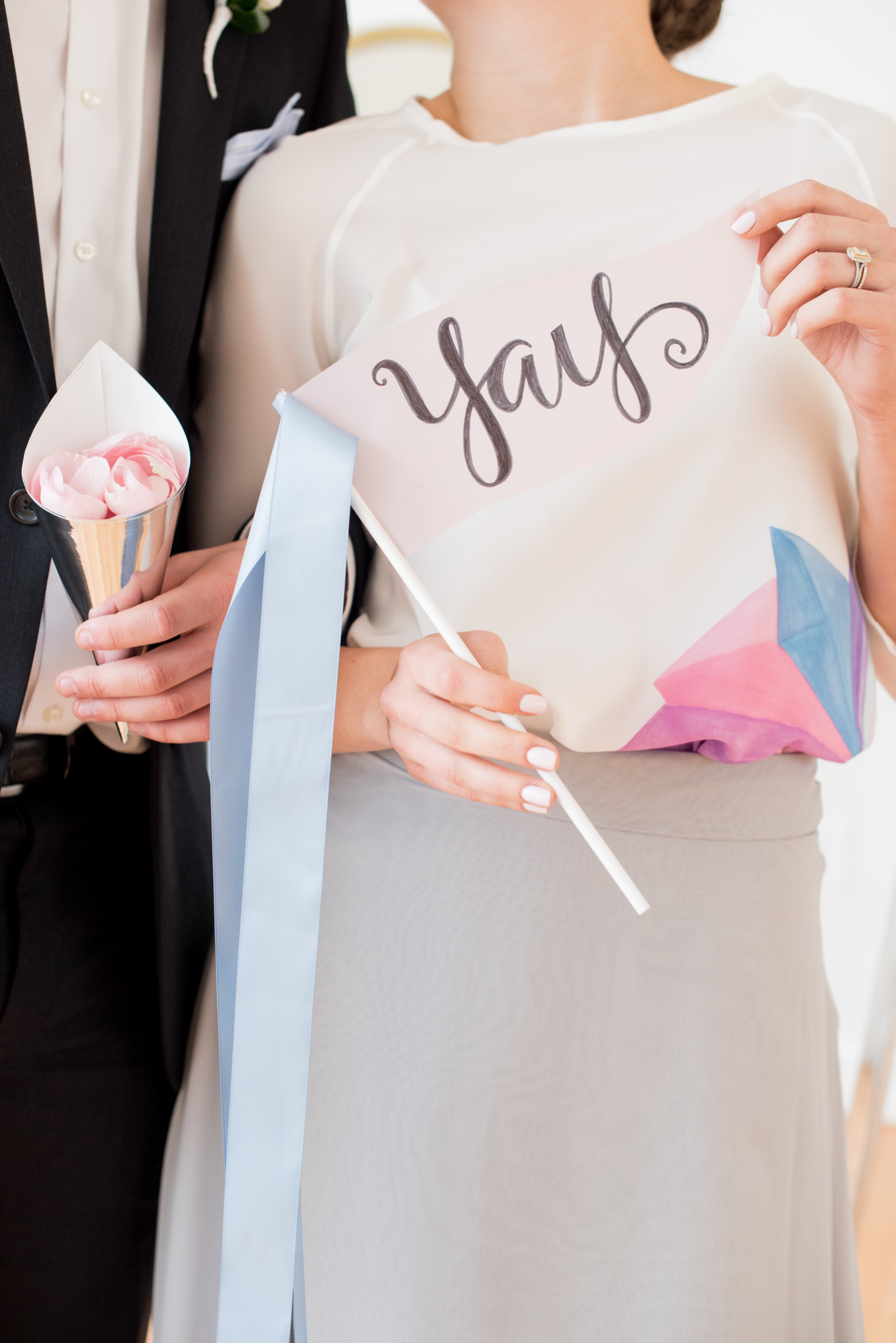 Behind-the-Scenes of a DIY Paper-Crafted Styled Wedding Shoot in The Year's Pantone Colors, Serenity and Rose Quartz, at the Glassbox in Downtown Raleigh North Carolina