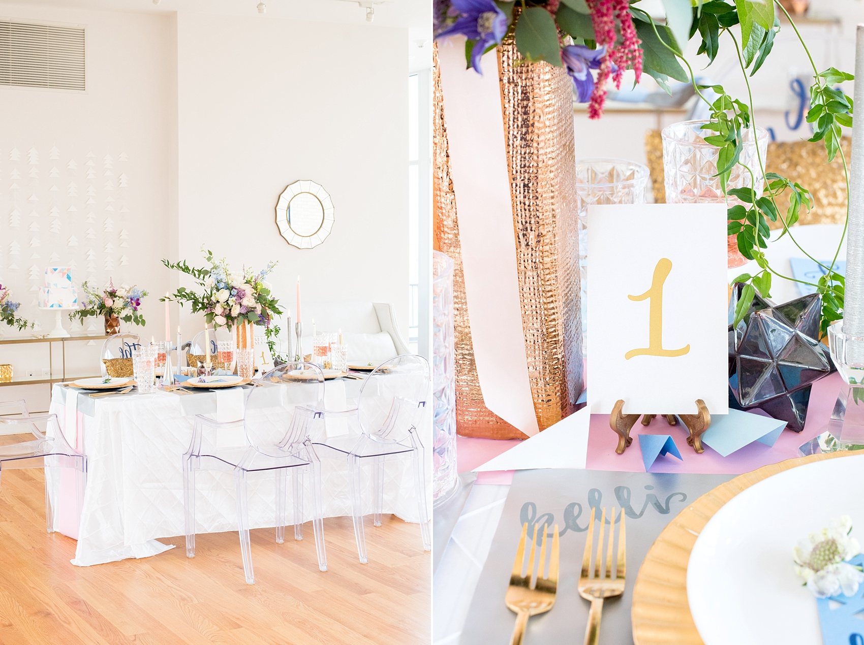 Behind-the-Scenes of a DIY Paper-Crafted Styled Wedding Shoot in The Year's Pantone Colors, Serenity and Rose Quartz, at the Glassbox in Downtown Raleigh North Carolina