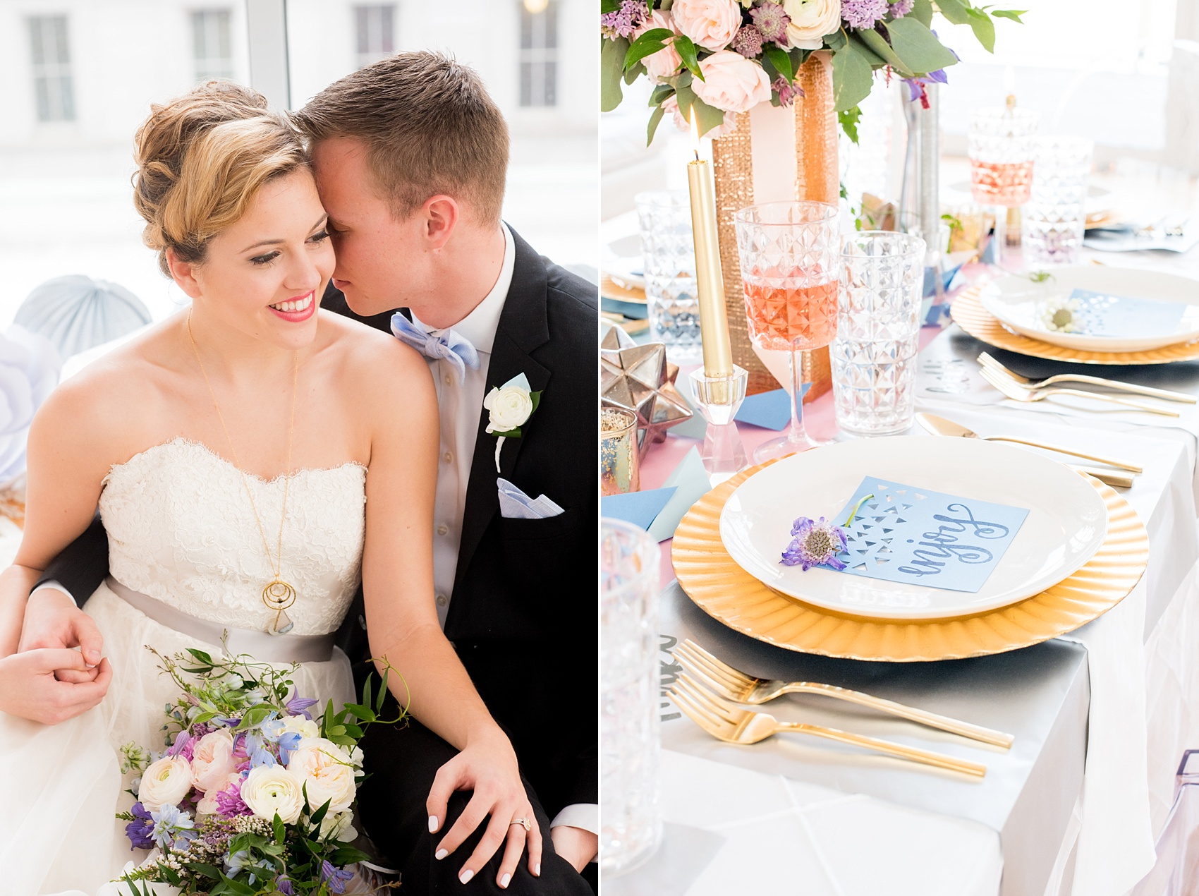 Behind-the-Scenes of a DIY Paper-Crafted Styled Wedding Shoot in The Year's Pantone Colors, Serenity and Rose Quartz, at the Glassbox in Downtown Raleigh North Carolina