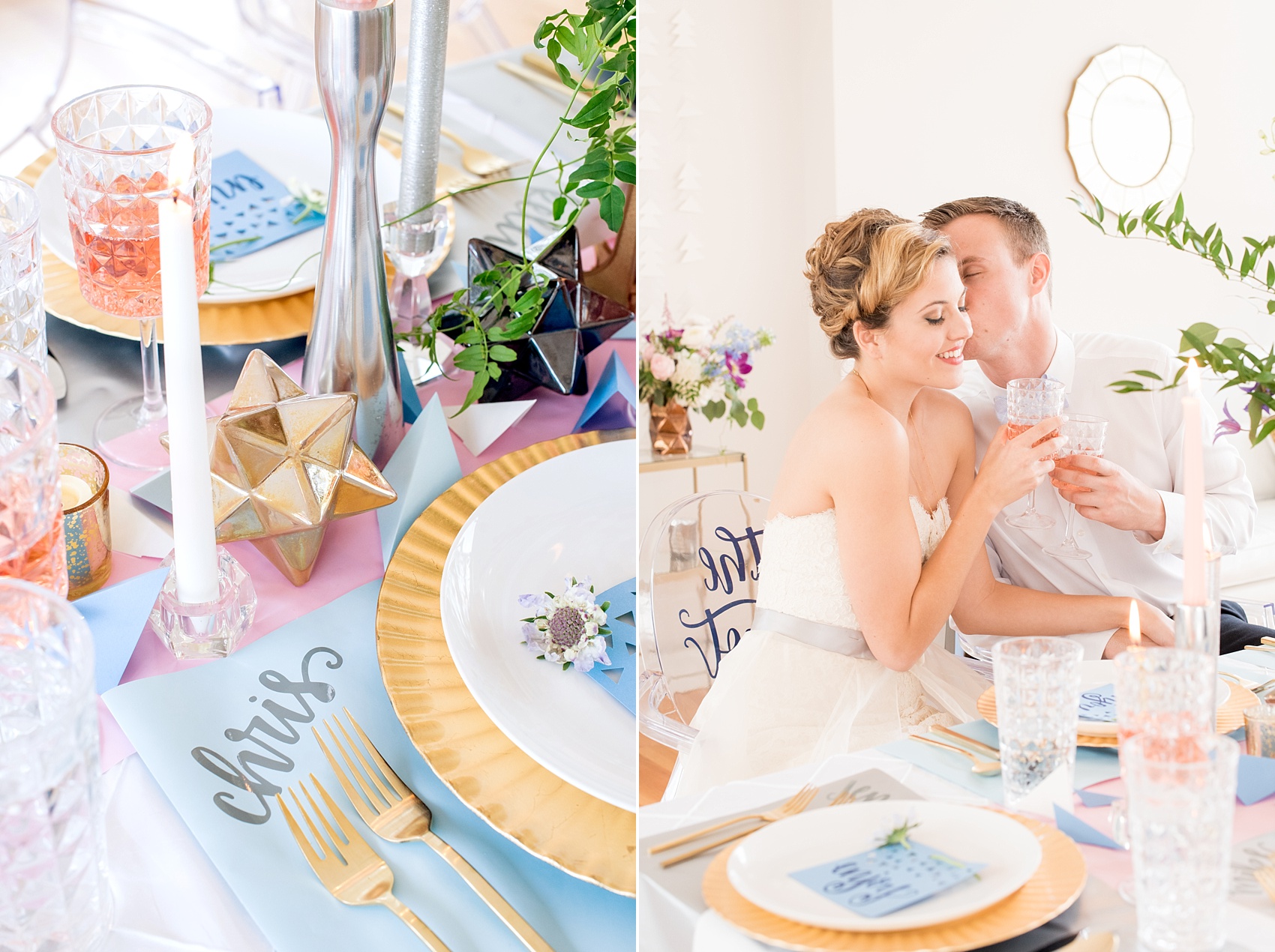 Behind-the-Scenes of a DIY Paper-Crafted Styled Wedding Shoot in The Year's Pantone Colors, Serenity and Rose Quartz, at the Glassbox in Downtown Raleigh North Carolina