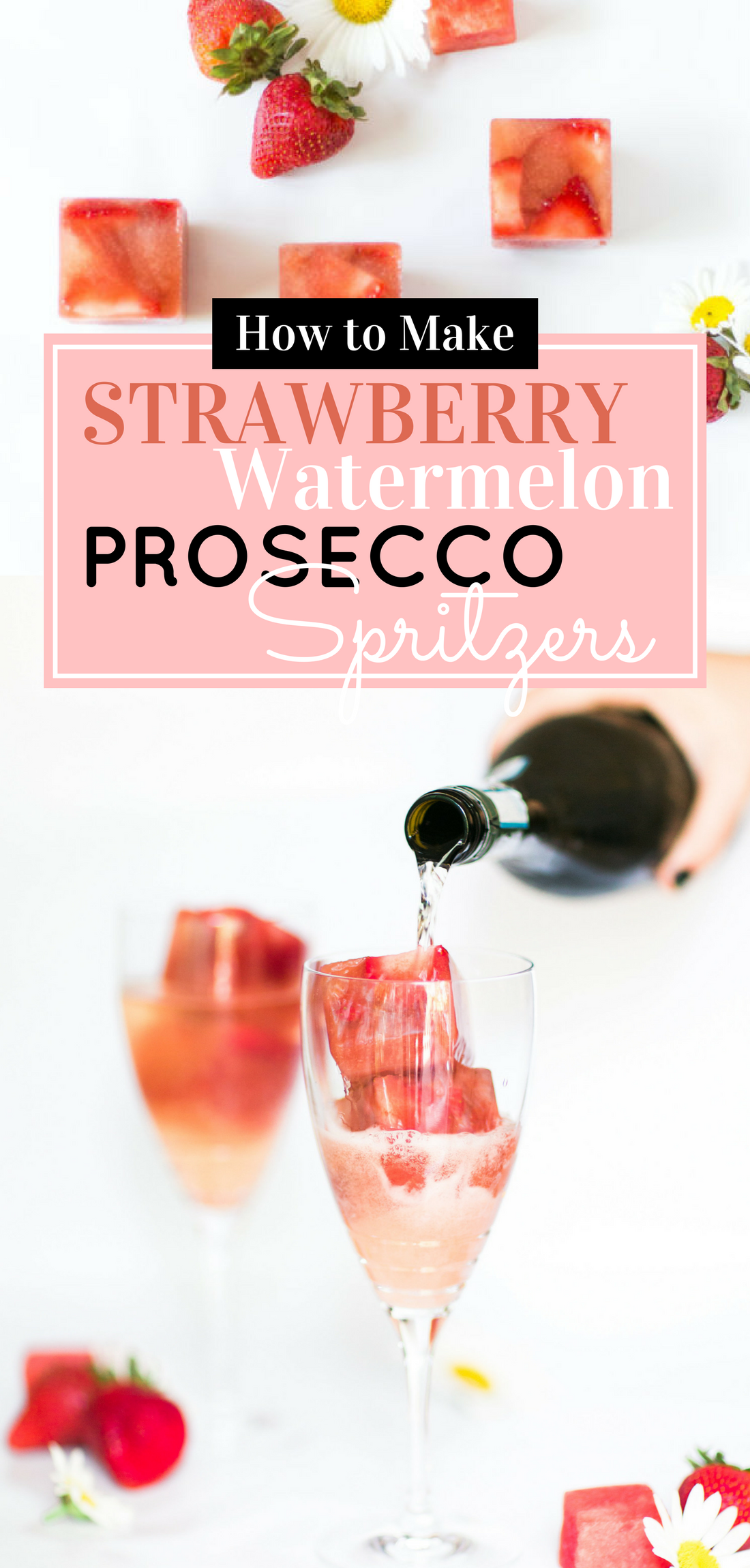 Say hello to your new favorite summer spritzer, made with prosecco and the yummiest giant strawberry watermelon ice cubes. Click through for the recipe. | glitterinc.com | @glitterinc