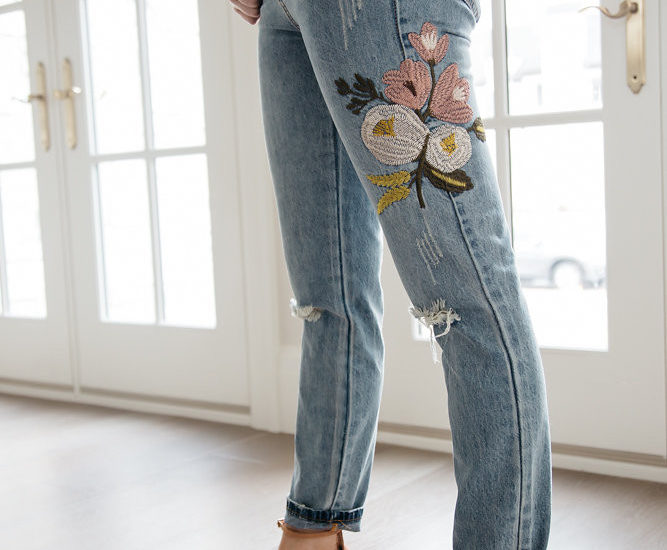 Embroidered Distressed Denim