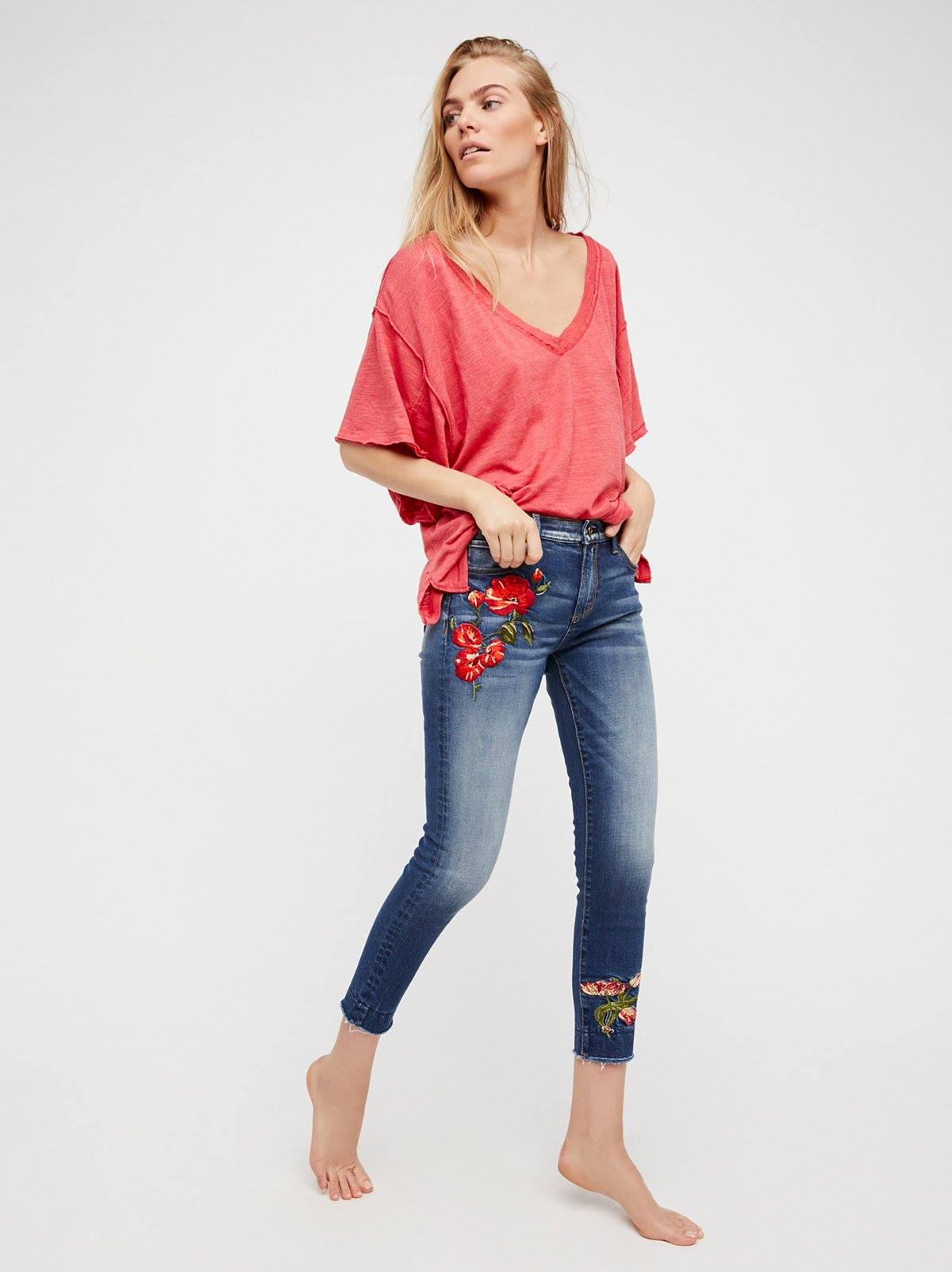 Free People Embroidered Skinny Jeans