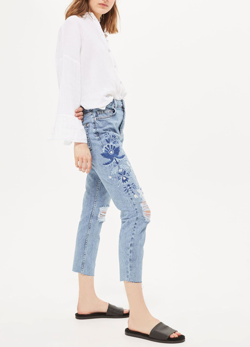 Topshop Moto Embroidered Raw Hem Straight Leg Jeans