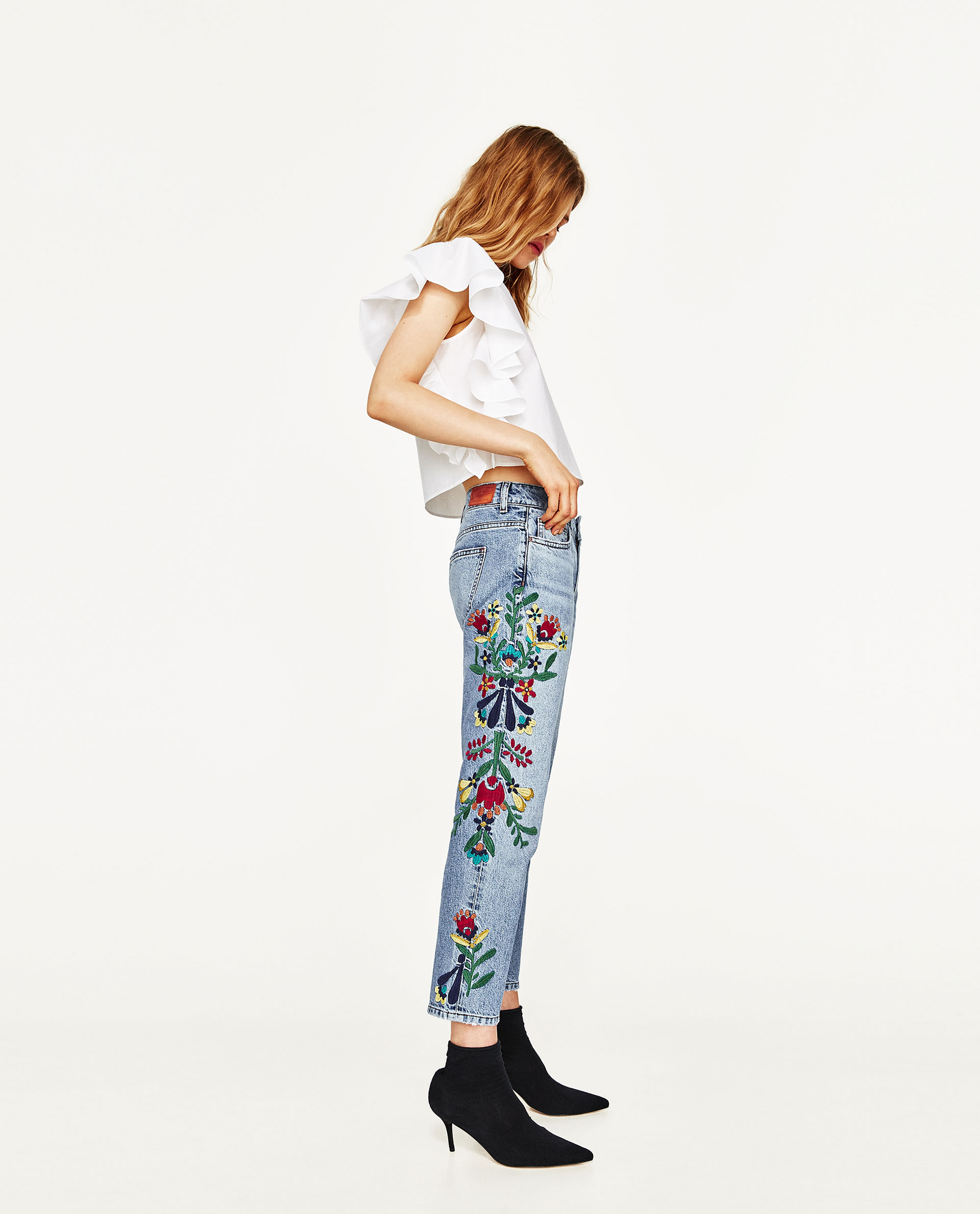 Zara Mid-Rise Jeans with Floral Embroidery