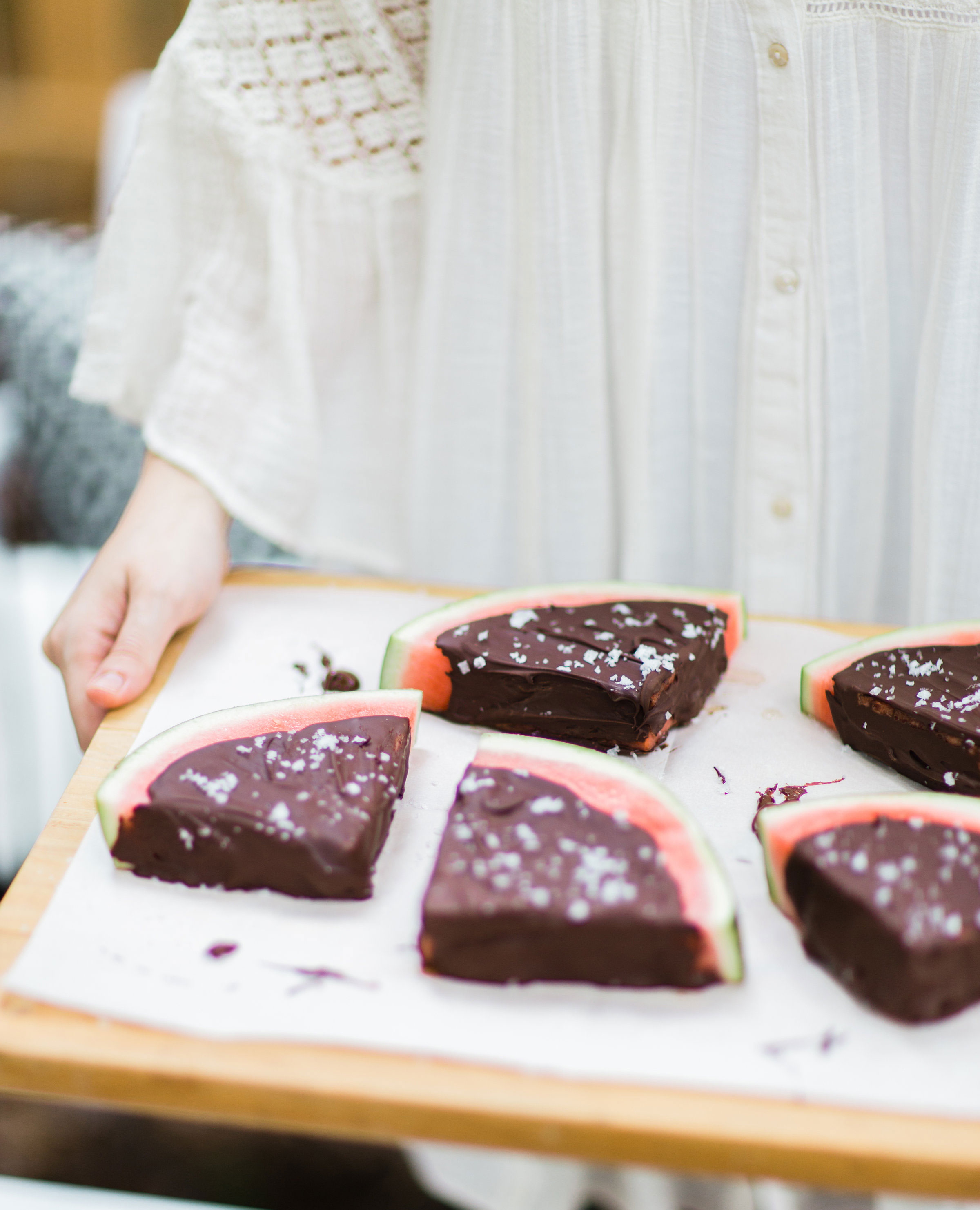 Salted Dark Chocolate Watermelon Slices by lifestyle blogger Lexi of Glitter, Inc. Click through for the perfect summer recipe. | glitterinc.com | @glitterinc