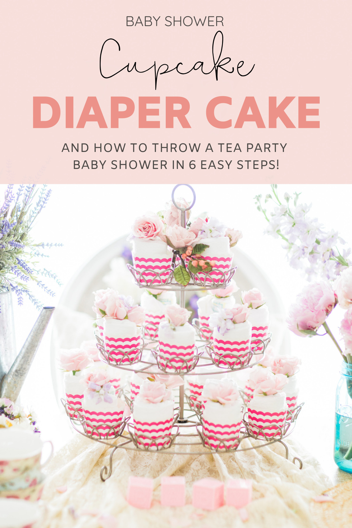 DIY Diaper “Cupcake Tower” Cake // Need inspiration for a baby shower? Why not throw the sweetest tea party baby shower? We're showing you how, in 6 easy steps. Plus, a spin on a traditional diaper cake: the diaper cupcake stand! | @glitterinclexi | GLITTERINC.COM