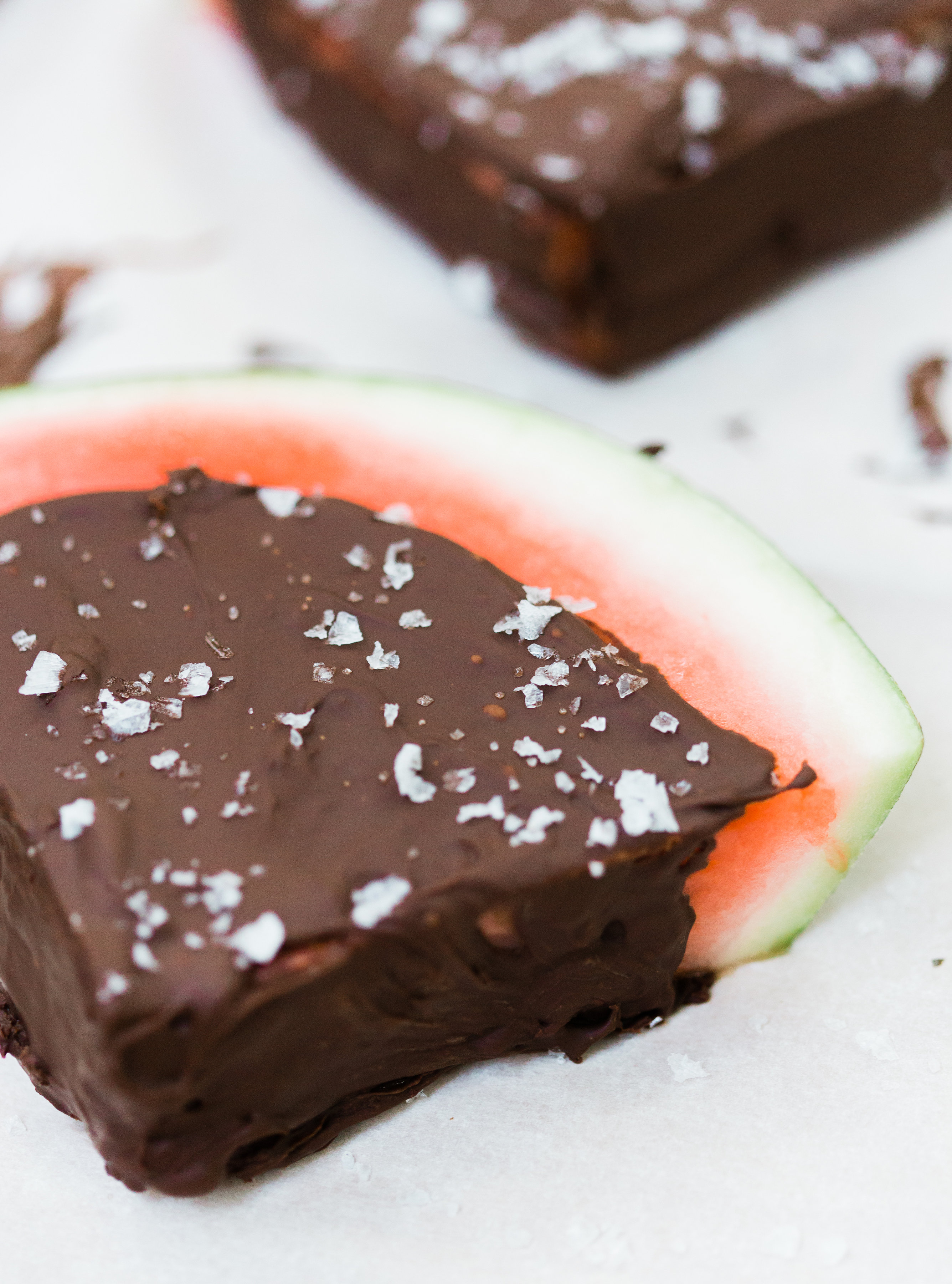 Salted Dark Chocolate Watermelon Slices by lifestyle blogger Lexi of Glitter, Inc. Click through for the perfect summer recipe. | glitterinc.com | @glitterinc