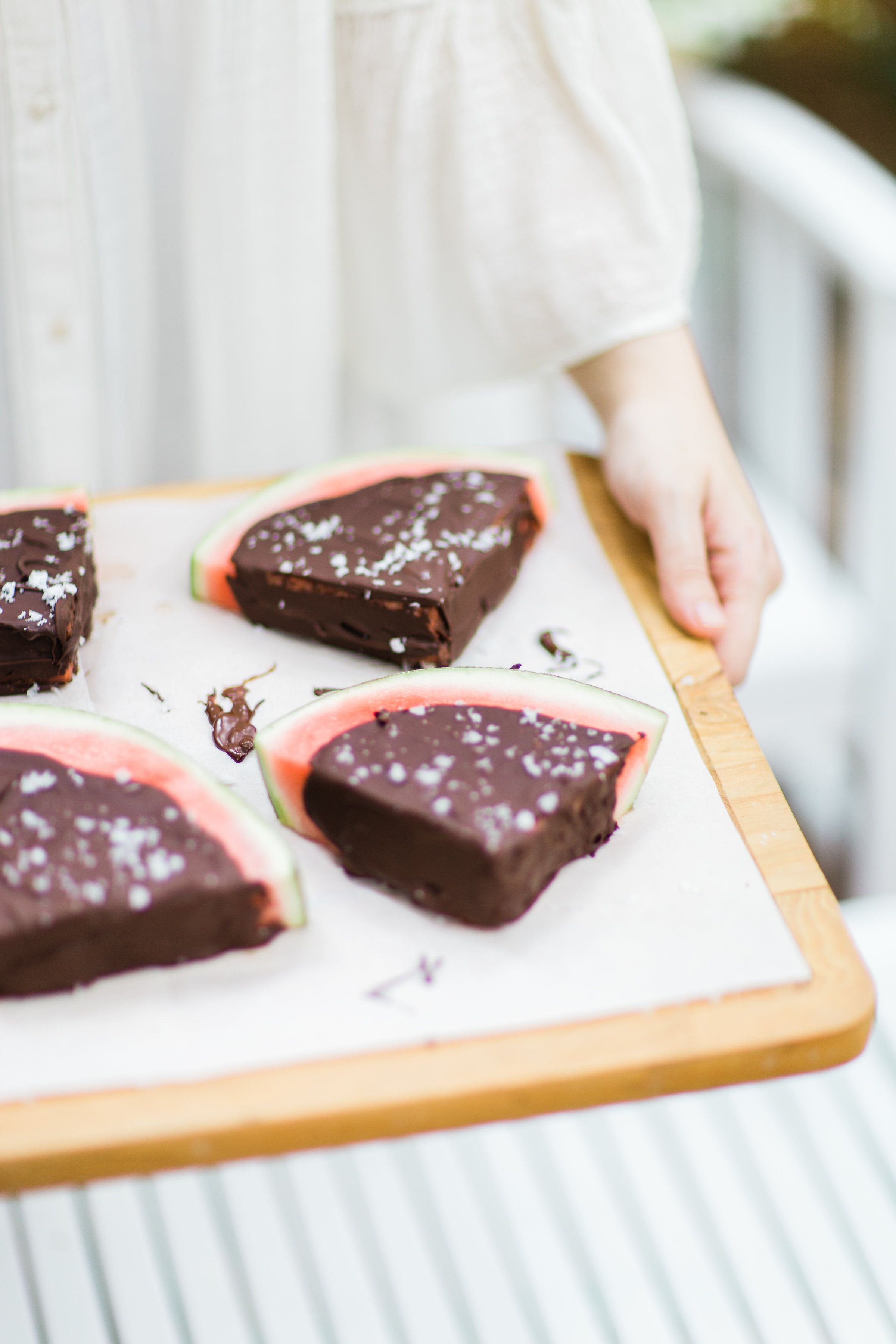 Salted Dark Chocolate Watermelon Slices by lifestyle blogger Lexi of Glitter, Inc. Click through for the perfect summer recipe. | glitterinc.com | @glitterinc