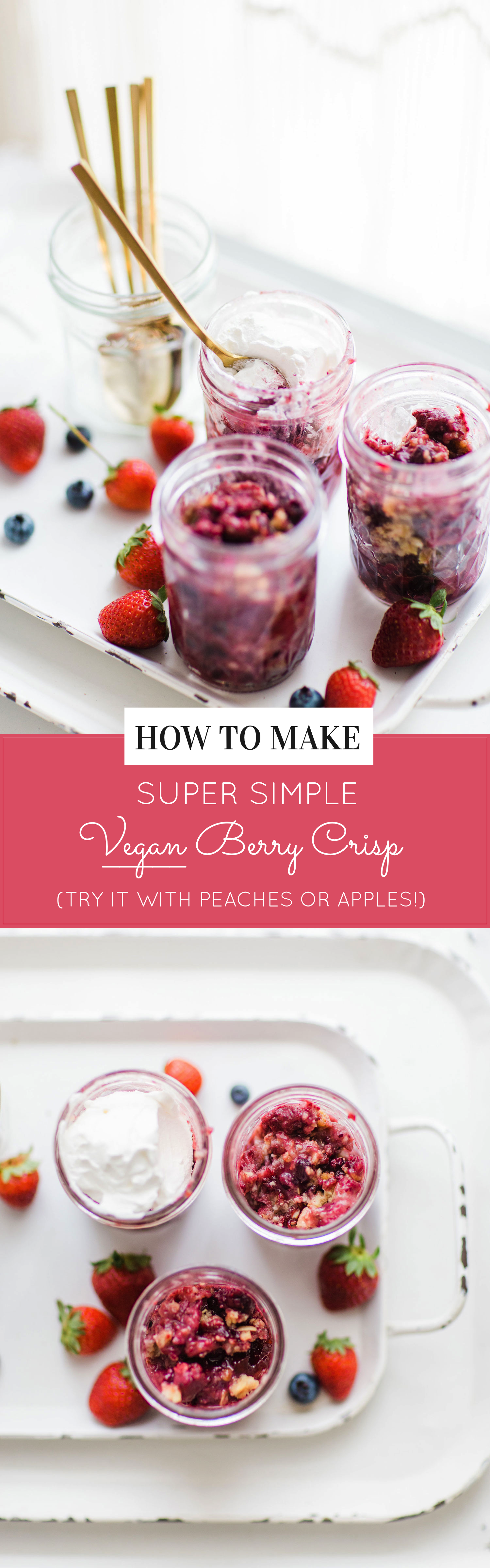 The easiest delicious berry-filled crisp topped with a soft and crispy streusel oat crumble, that's vegan too! Click through for the recipe. | glitterinc.com | @glitterinc