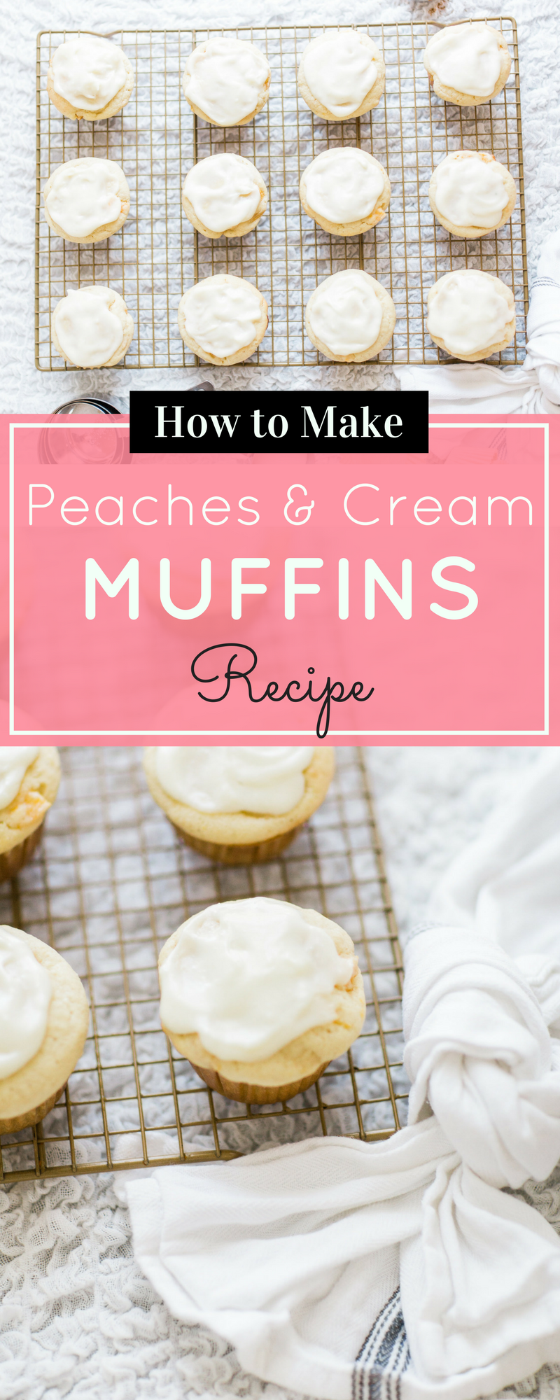 A delicious recipe for heavenly peaches and cream muffins with decadent cream cheese frosting. | glitterinc.com | @glitterinc