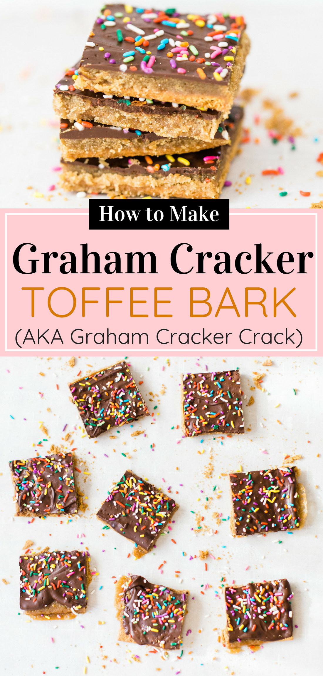 This classic graham cracker toffee bark, a.k.a., graham cracker crack, is a total crowd pleaser, and for good reason. Click through for the recipe. #candybark #grahamcrackerbark #grahamcrackercrack #toffeebark #toffeebarkcrack #diycandy #dessert #dessertbar | glitterinc.com | @glitterinc