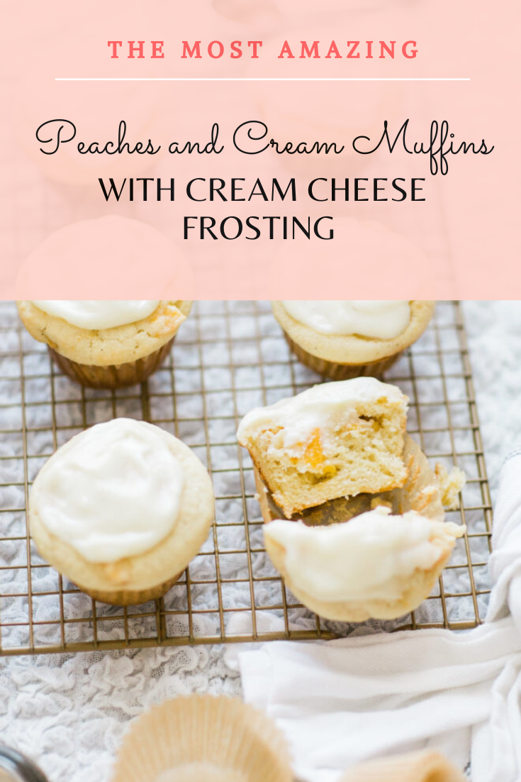 This recipe for peaches and cream muffins with a cream cheese frosting is one for the books. Moist, delicate, fruity peach muffins topped with a decadent cream cheese frosting; it's the perfect breakfast pairing.  | glitterinc.com | @glitterinc