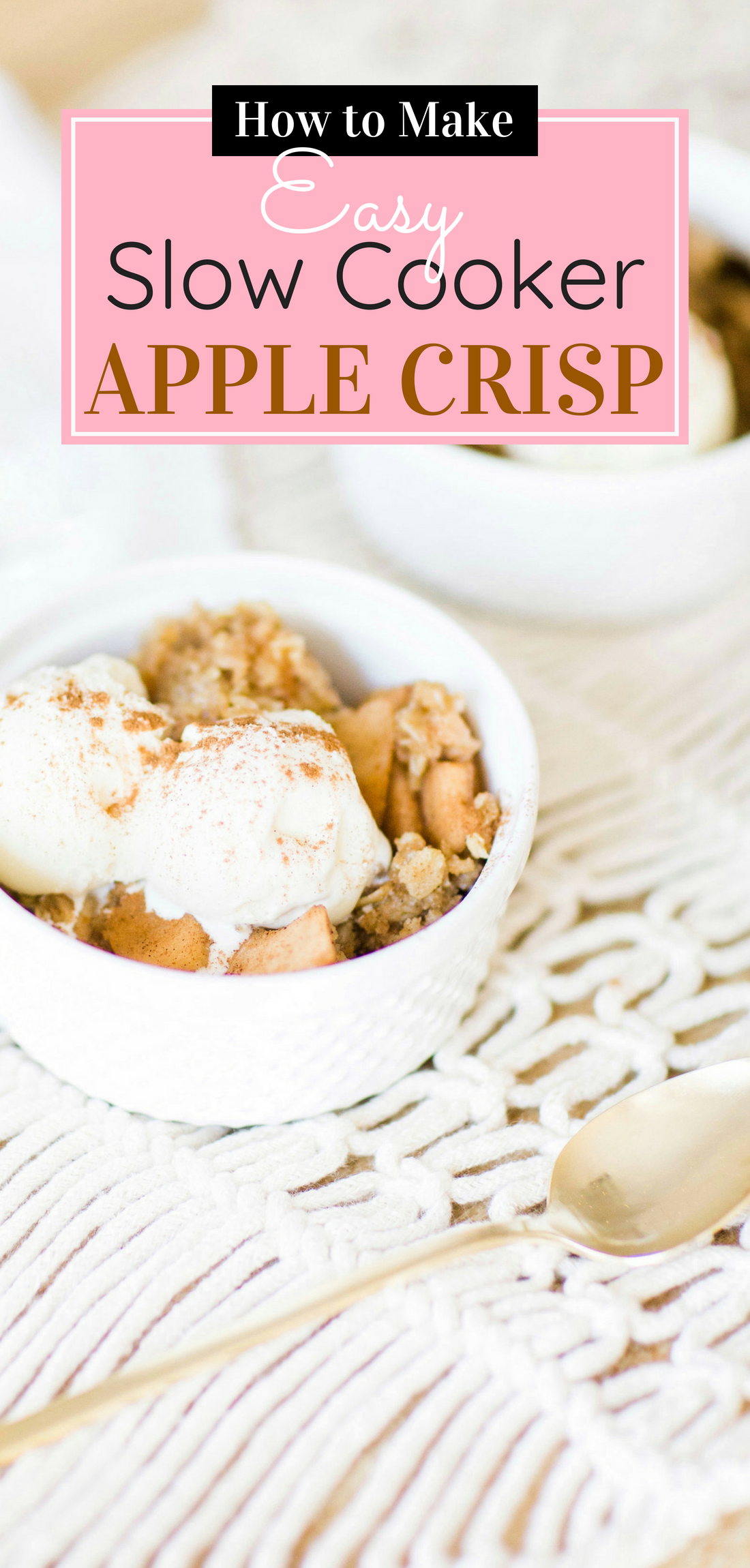 Foodie blogger Lexi of Glitter, Inc. shares how to make no-fuss slow cooker apple crisp, full of juicy apples, warm brown sugar, and a buttery crumbly topping. Click through for the recipe. | glitterinc.com | @glitterinc