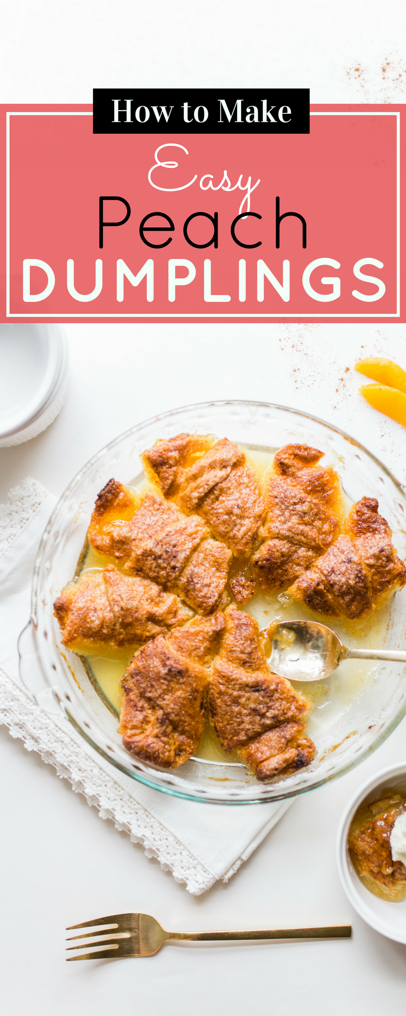 These easy 10-minute dumplings are sure to become one of your new favorite desserts. (And we'll show you how to make them vegan too!) Click through for the recipe. | glitterinc.com | @glitterinc - 10-Minute Peach Dumplings (With an Easy Vegan Option!) by NC foodie blogger Glitter, Inc.