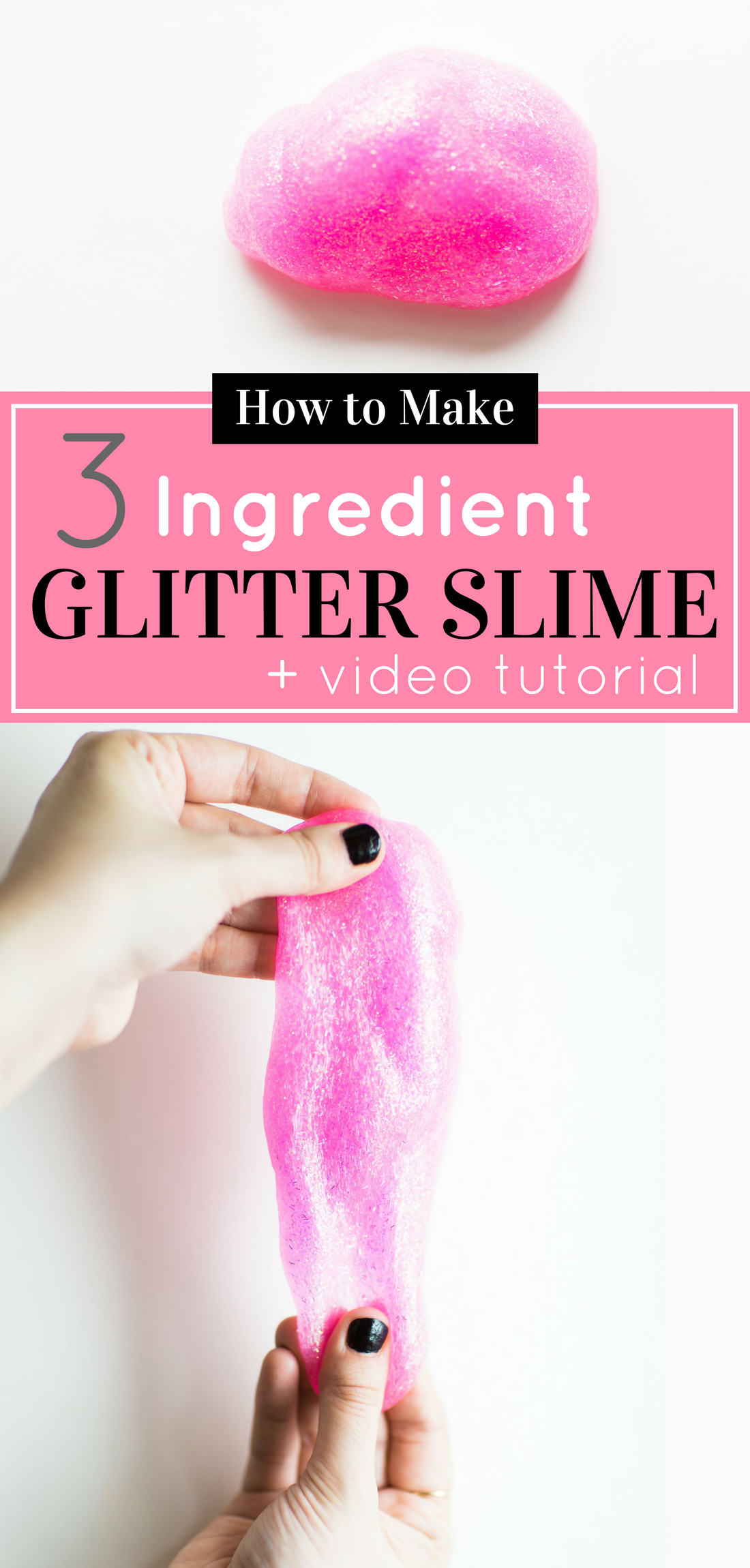 tämän lapsiystävällisen limareseptin tekemiseen tarvitaan vain 3 ainesosaa! Klikkaa läpi DIY. | glitterinc.com / @glitterinc - 3-ingrediente Pink Glitter Slime by NC lifestyle blogger Glitter, Inc.