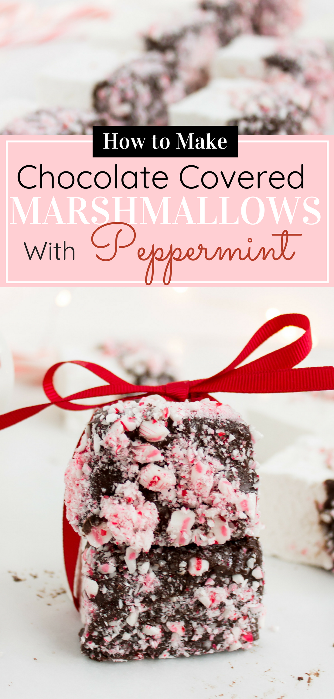 There is nothing like homemade marshmallows. Dipping those fluffy marshmallows in chocolate and crushed peppermint for the holidays is just the icing on the cake ... errr, marshmallow. Click through for the recipe. #christmascandy #holidaycandy #homemademarshmallows #diymarshmallows #chocolatepeppermint | glitterinc.com | @glitterinc