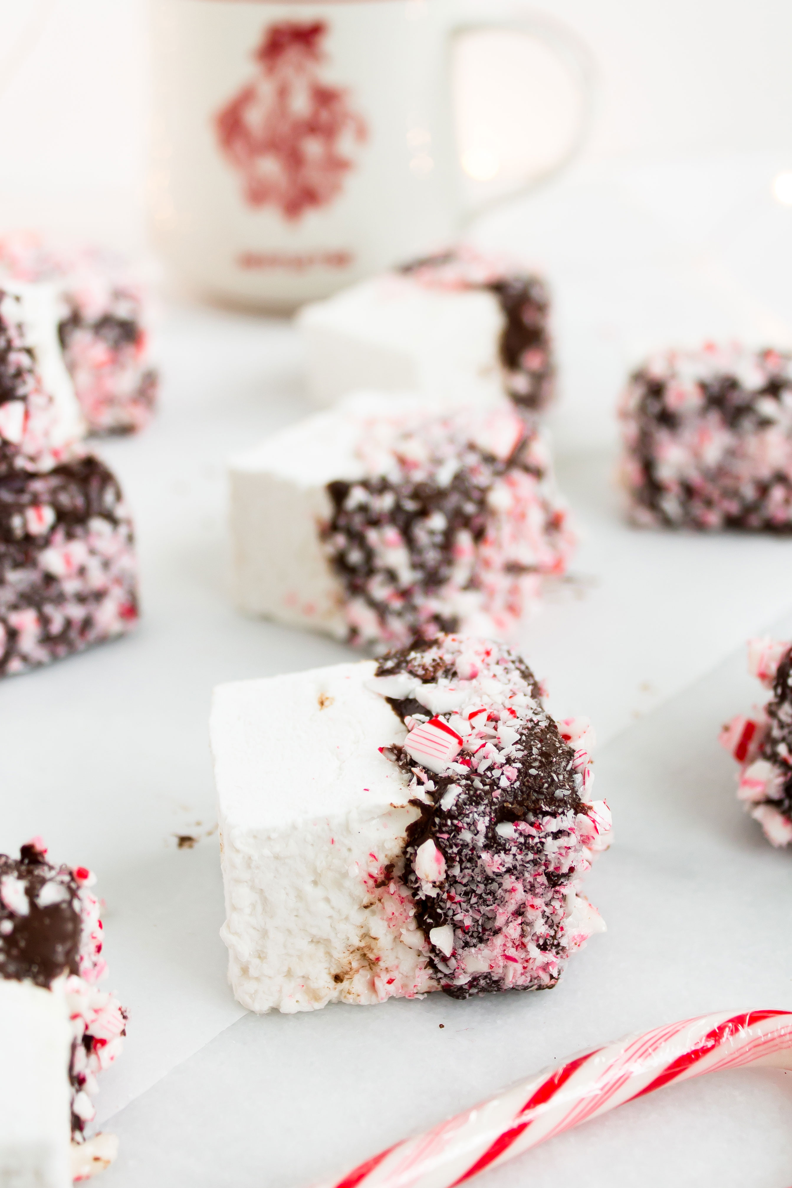 There's nothing like homemade marshmallows. Dipping those fluffy marshmallows in chocolate and crushed peppermint for the holidays is just the icing on the cake ... errr, marshmallow. Click through for the recipe. | glitterinc.com | @glitterinc - Homemade Chocolate Covered Marshmallows with Crushed Peppermint by North Carolina foodie blogger Glitter, Inc.